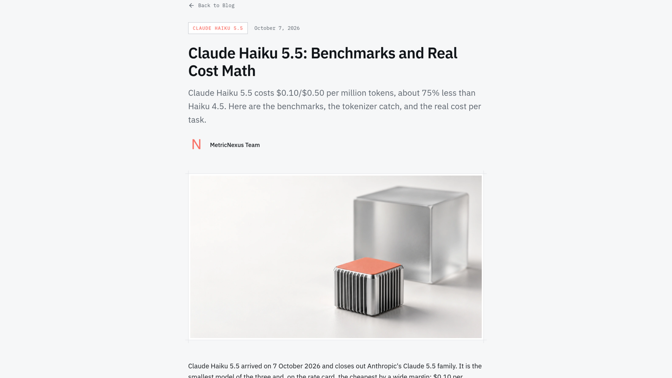 Page de MetricNexus intitulée Claude Haiku 5.5, benchmarks et calcul du coût réel, avec les tarifs de 0,10 et 0,50 dollar par million de tokens et une baisse d'environ 75 % face à Haiku 4.5