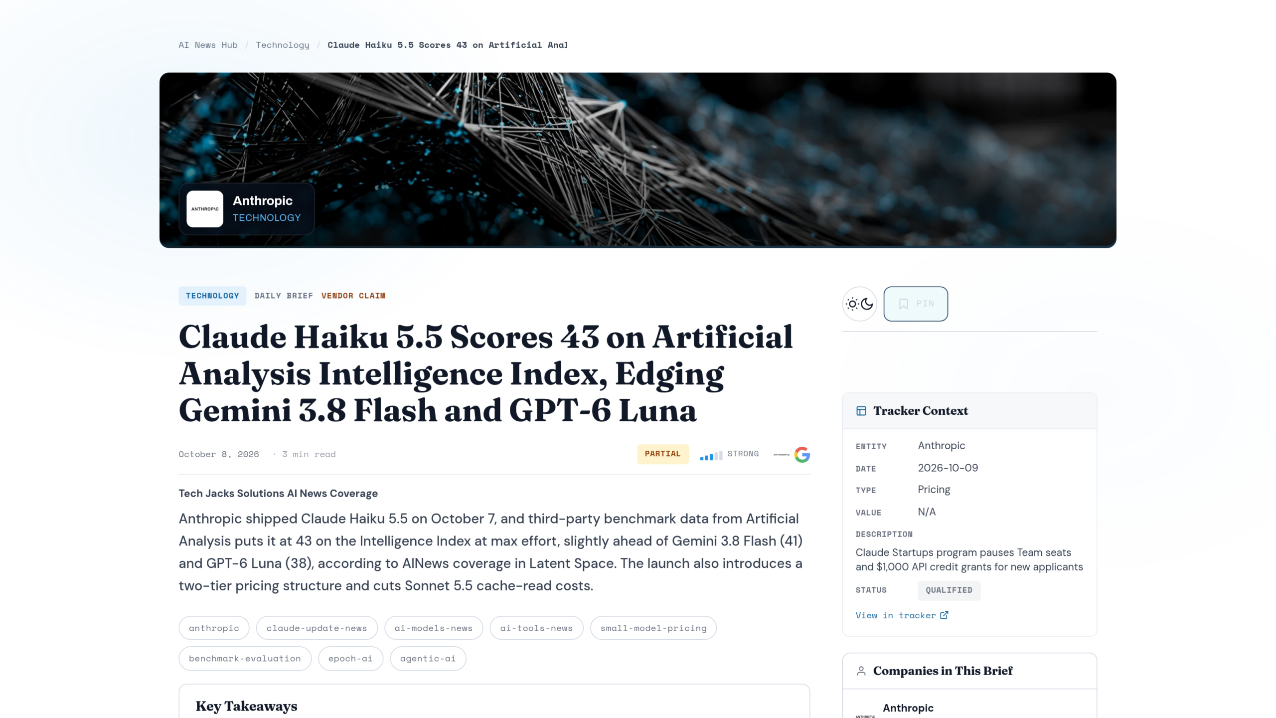 Page de Tech Jacks Solutions montrant Haiku 5.5 à 43 sur l'Intelligence Index d'Artificial Analysis, devant Gemini 3.8 Flash à 41 et GPT-6 Luna à 38, avec la mention VENDOR CLAIM sur les chiffres d'Anthropic