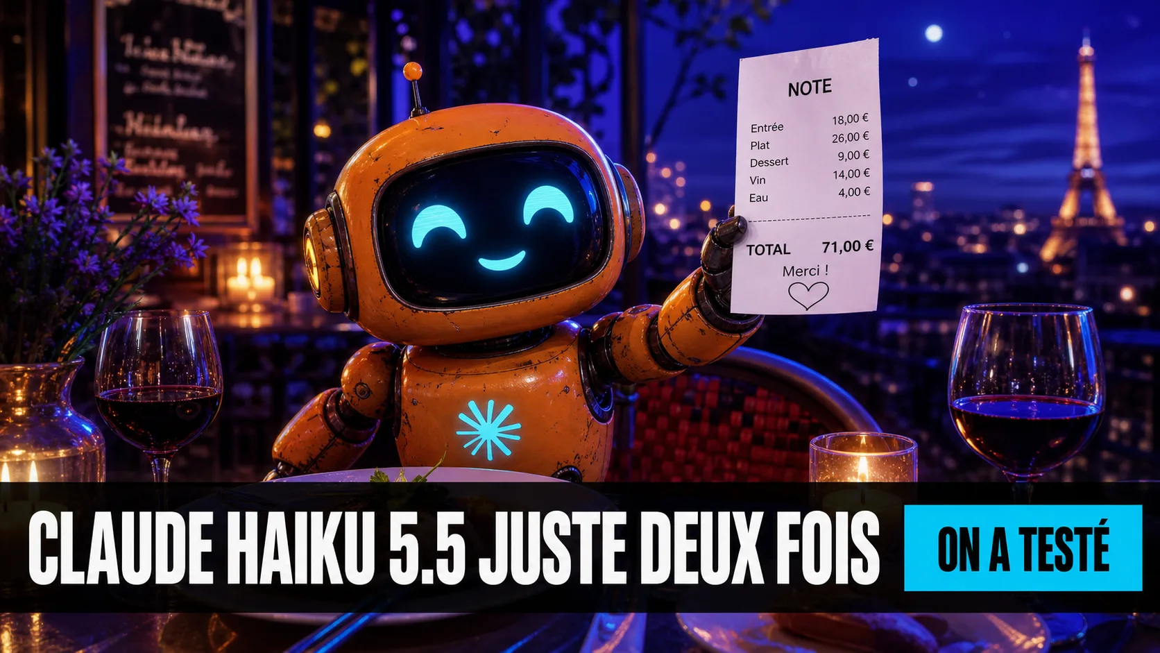 Claude Haiku : miniature illustrée, un petit robot orange tenant une addition de restaurant au total juste face à une étiquette de prix barrée, texte Claude Haiku, addition juste, prix réel