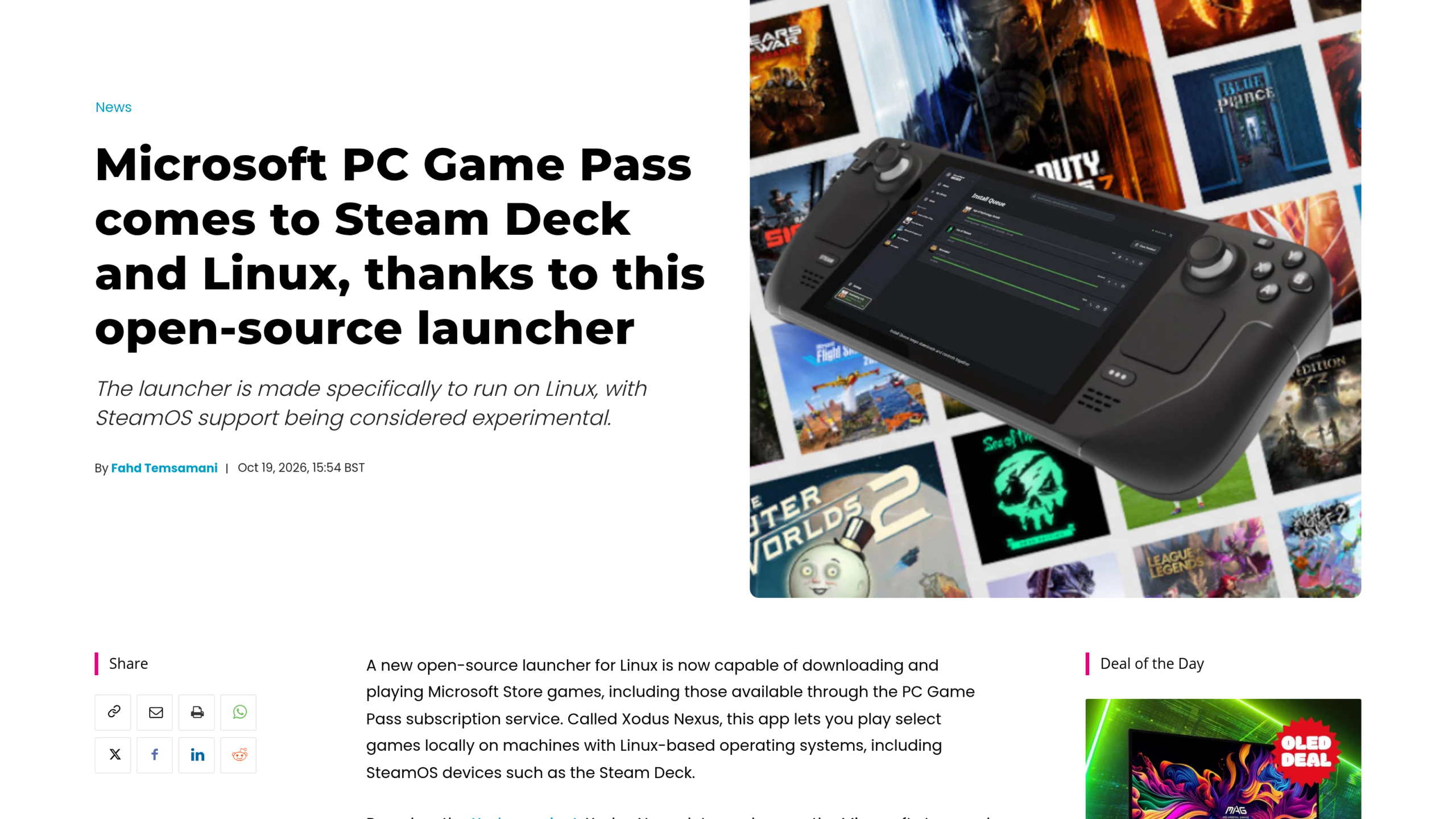 Article de Club386 signé Fahd Temsamani le 19 octobre 2026, titré Microsoft PC Game Pass comes to Steam Deck and Linux, illustré d'un Steam Deck affichant une file de téléchargement