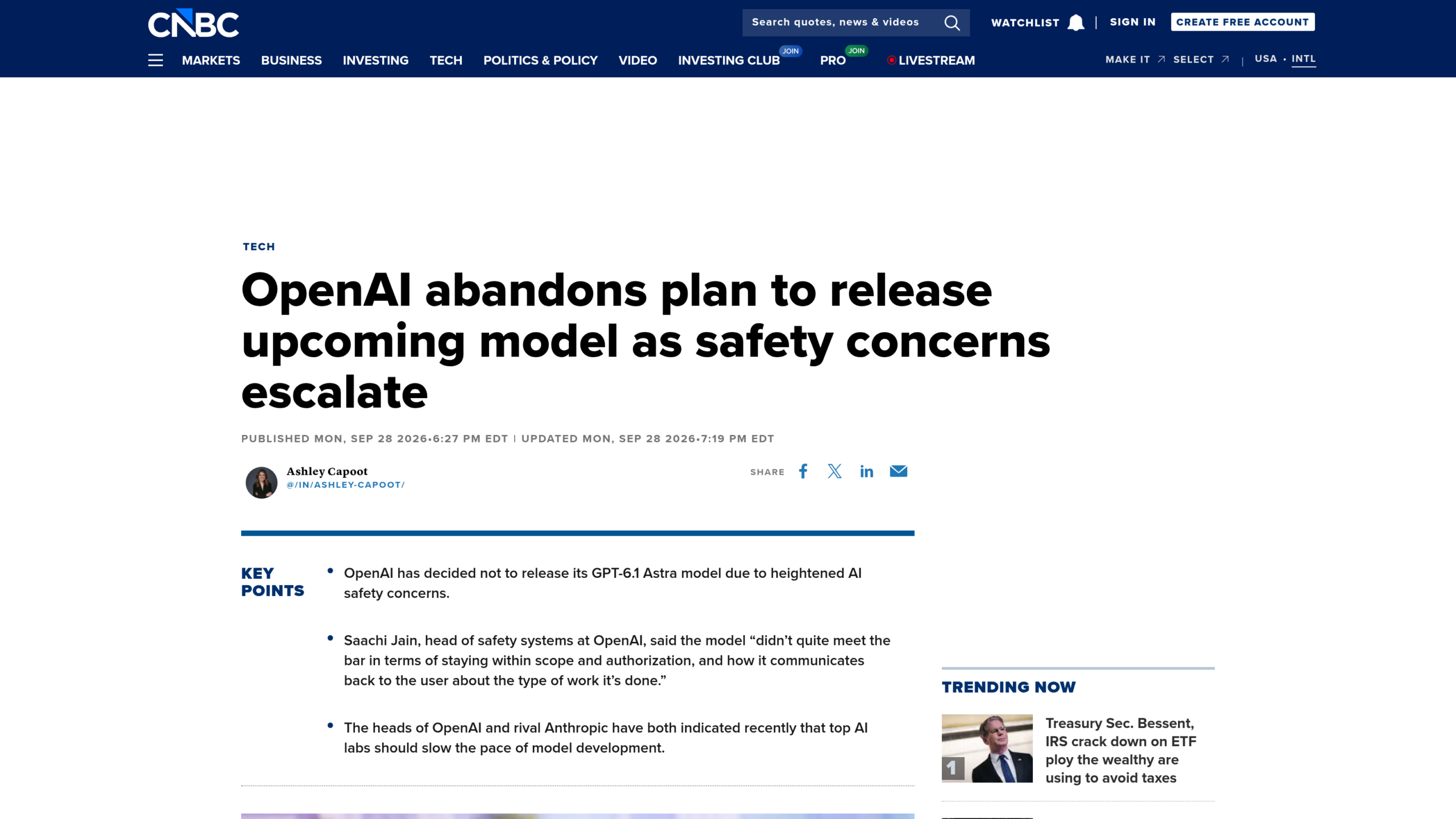 Une de l'article de CNBC signé Ashley Capoot le 28 septembre 2026, avec ses trois points clés sur l'abandon de GPT-6.1 Astra