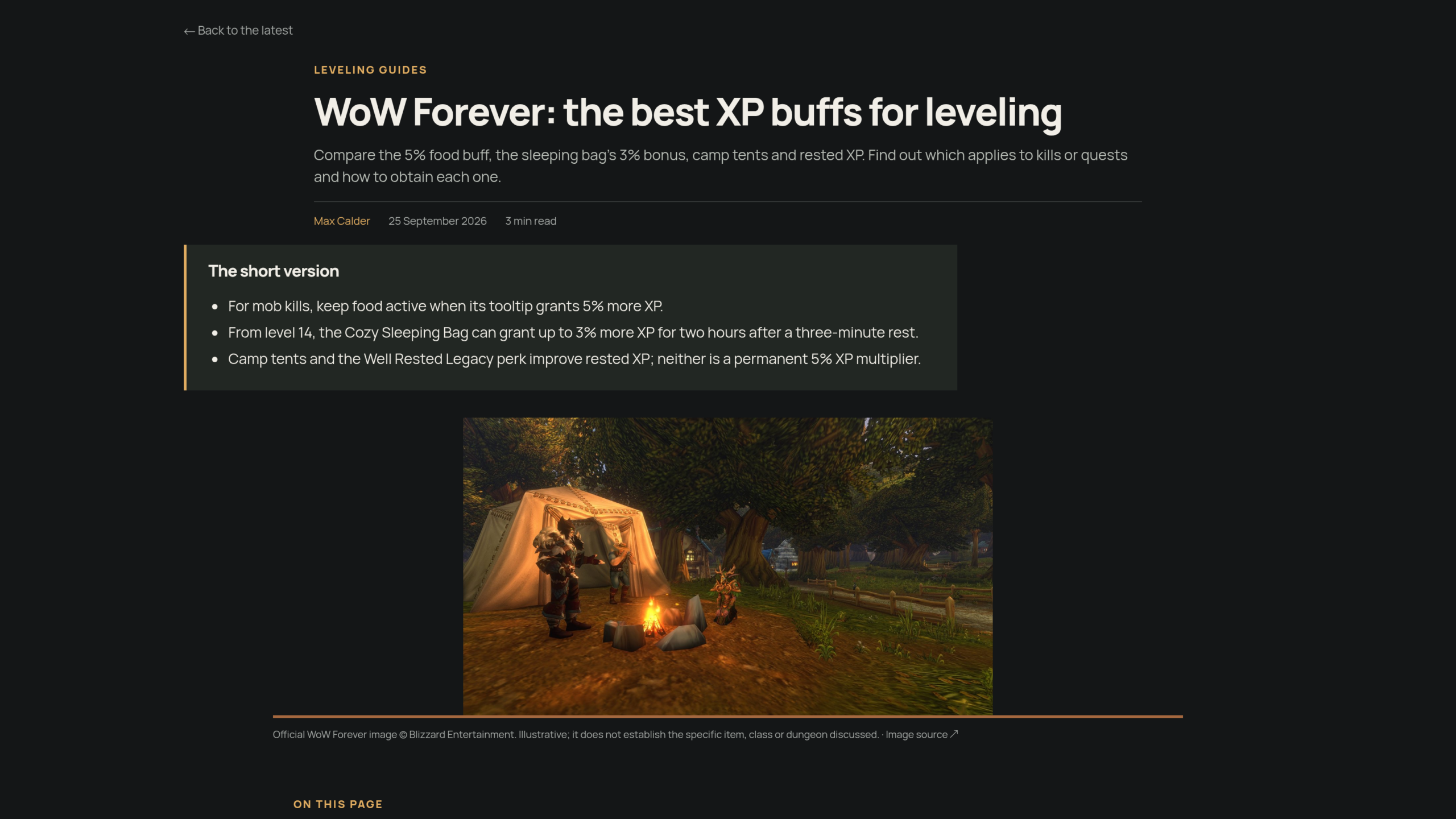 Article de Max Calder sur WoW4EverNews le 25 septembre 2026 : nourriture à 5 % d'XP, sac de couchage à 3 % dès le niveau 14, tente et talent Bien reposé sans effet multiplicateur permanent