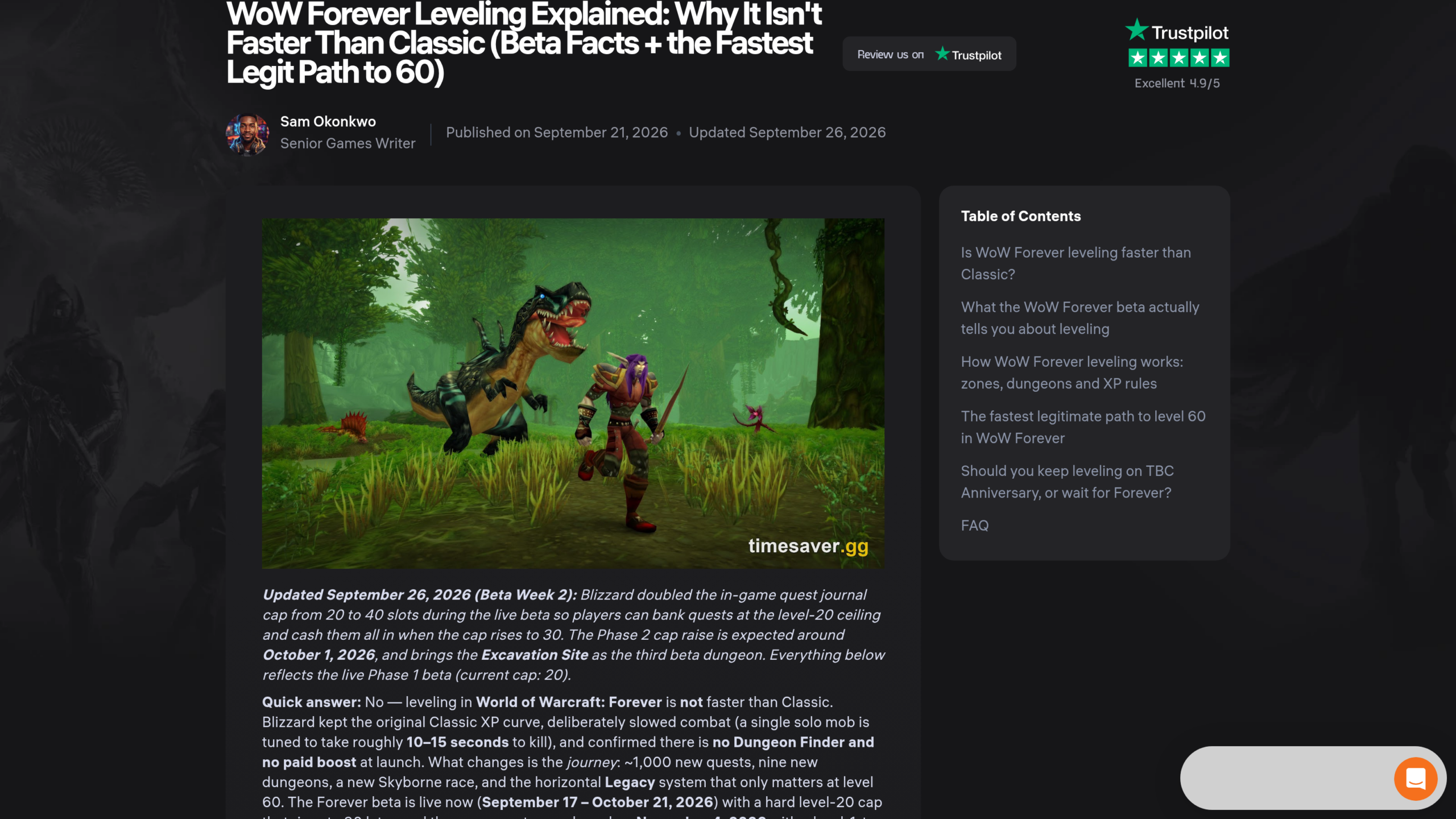 Article de Timesaver.gg publié le 21 septembre 2026 : la réponse rapide est que le leveling de Forever n'est pas plus rapide que celui de Classic, combats ralentis et courbe d'XP conservée