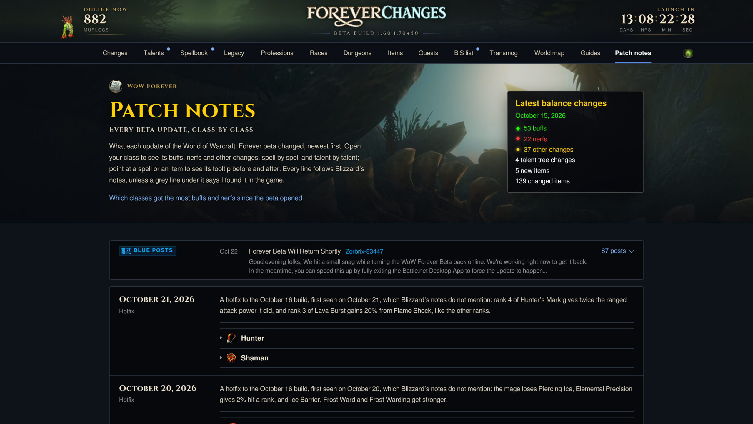 Page Patch notes du site foreverchanges.pro, build bêta 1.60.1.70450, avec l'entrée du 21 octobre 2026 sur la Marque du chasseur et l'Explosion de lave
