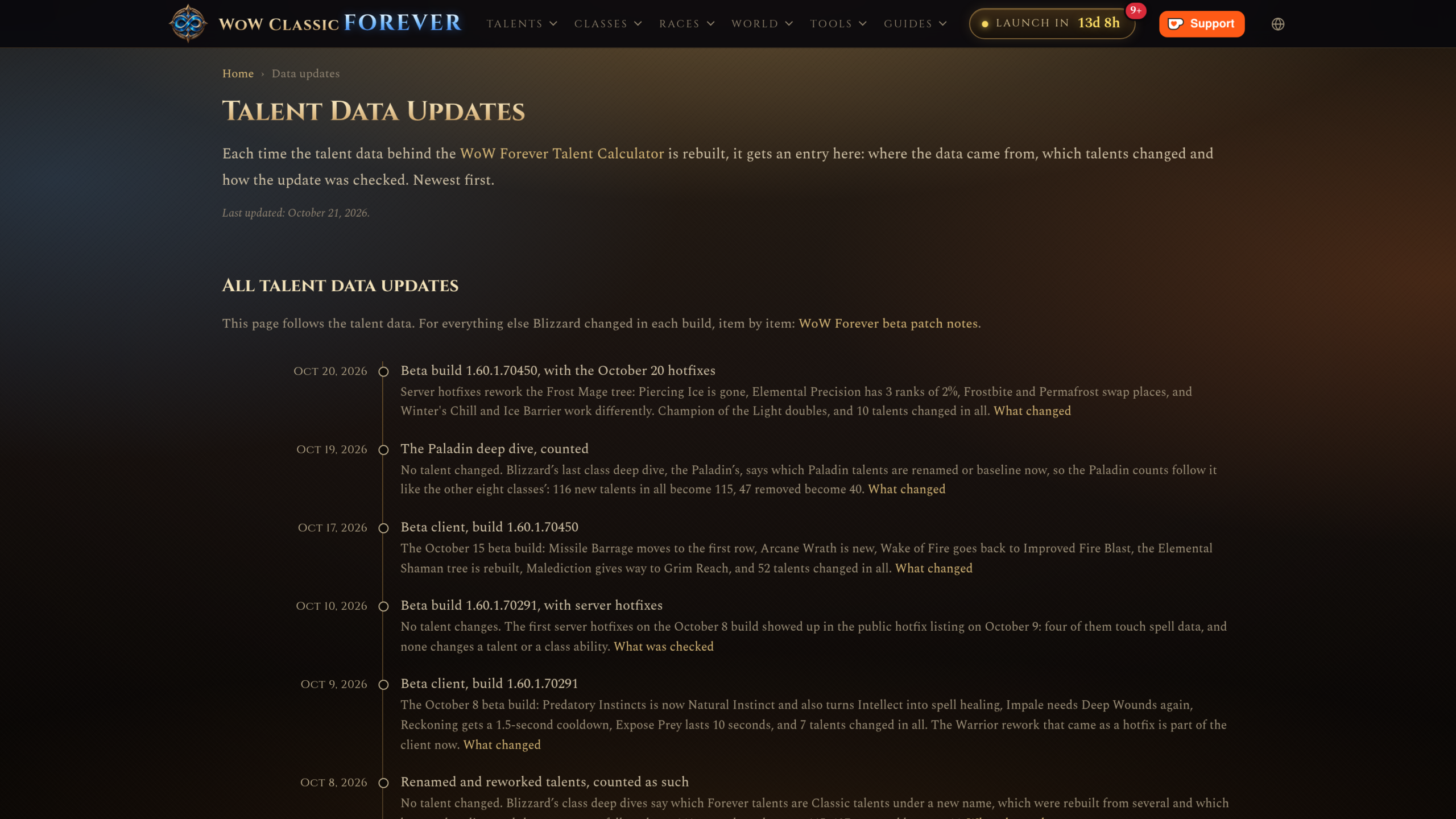 Page « Talent Data Updates » du site wowclassicforever.info, dernière mise à jour le 21 octobre 2026, avec les entrées des 20, 19 et 17 octobre
