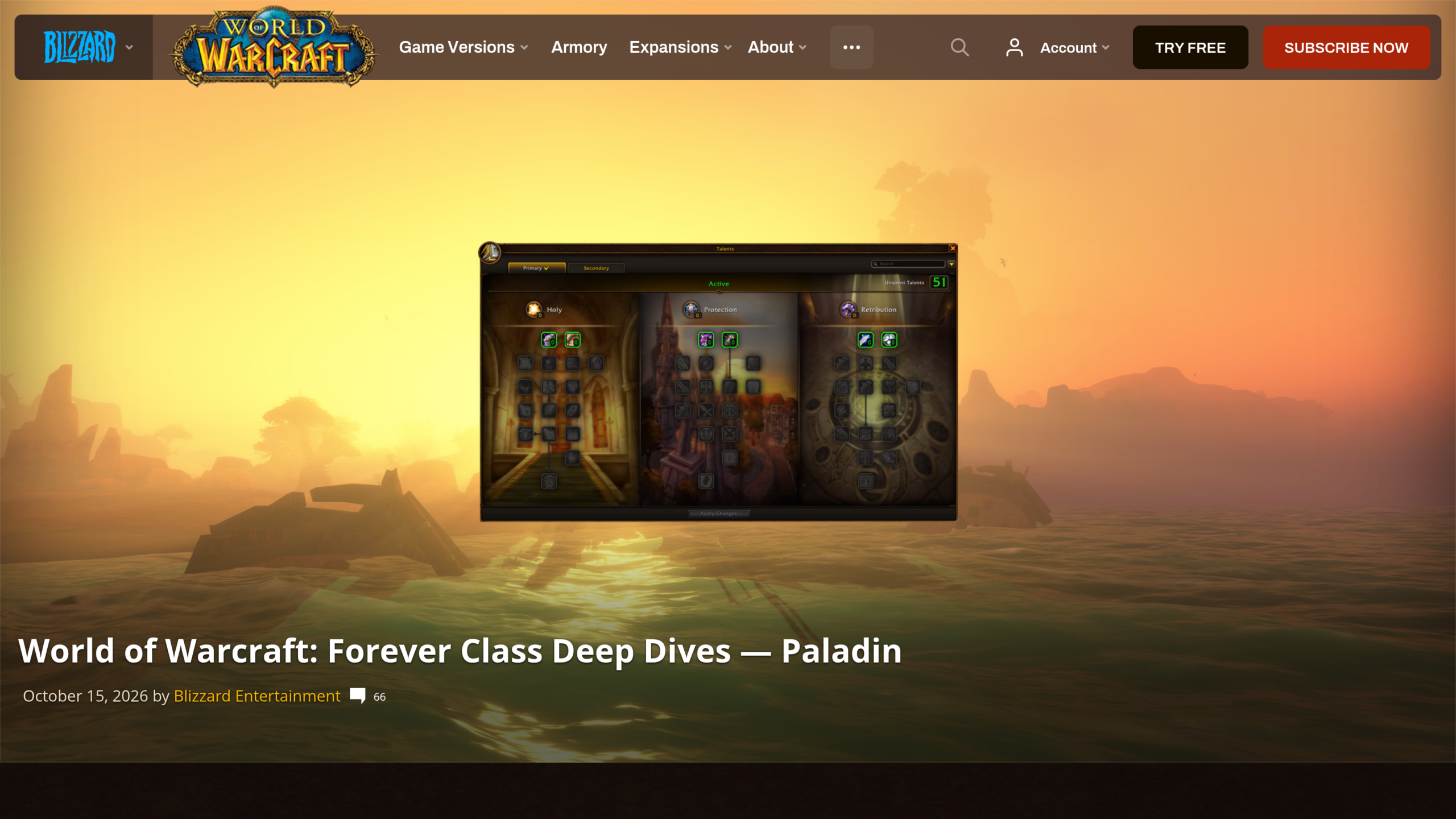 En-tête de l'article Blizzard « World of Warcraft: Forever Class Deep Dives, Paladin », daté du 15 octobre 2026, avec une capture de l'interface de talents Sacré, Protection et Rétribution