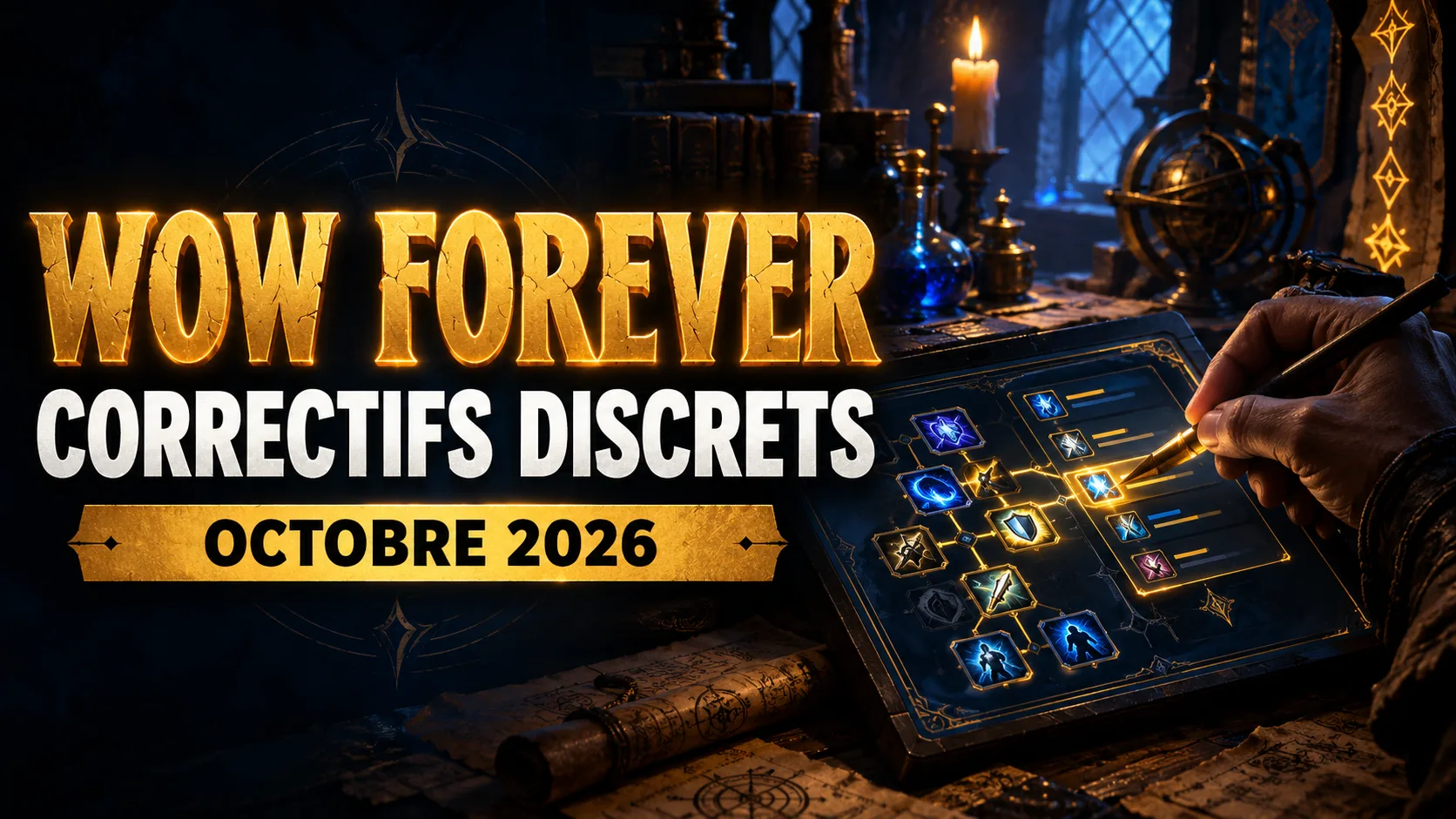 Une main tenant une plume corrige les icônes d'un arbre de talents sur une tablette lumineuse, dans un atelier d'alchimiste, à côté du texte « WOW FOREVER », « CORRECTIFS DISCRETS » et « OCTOBRE 2026 »