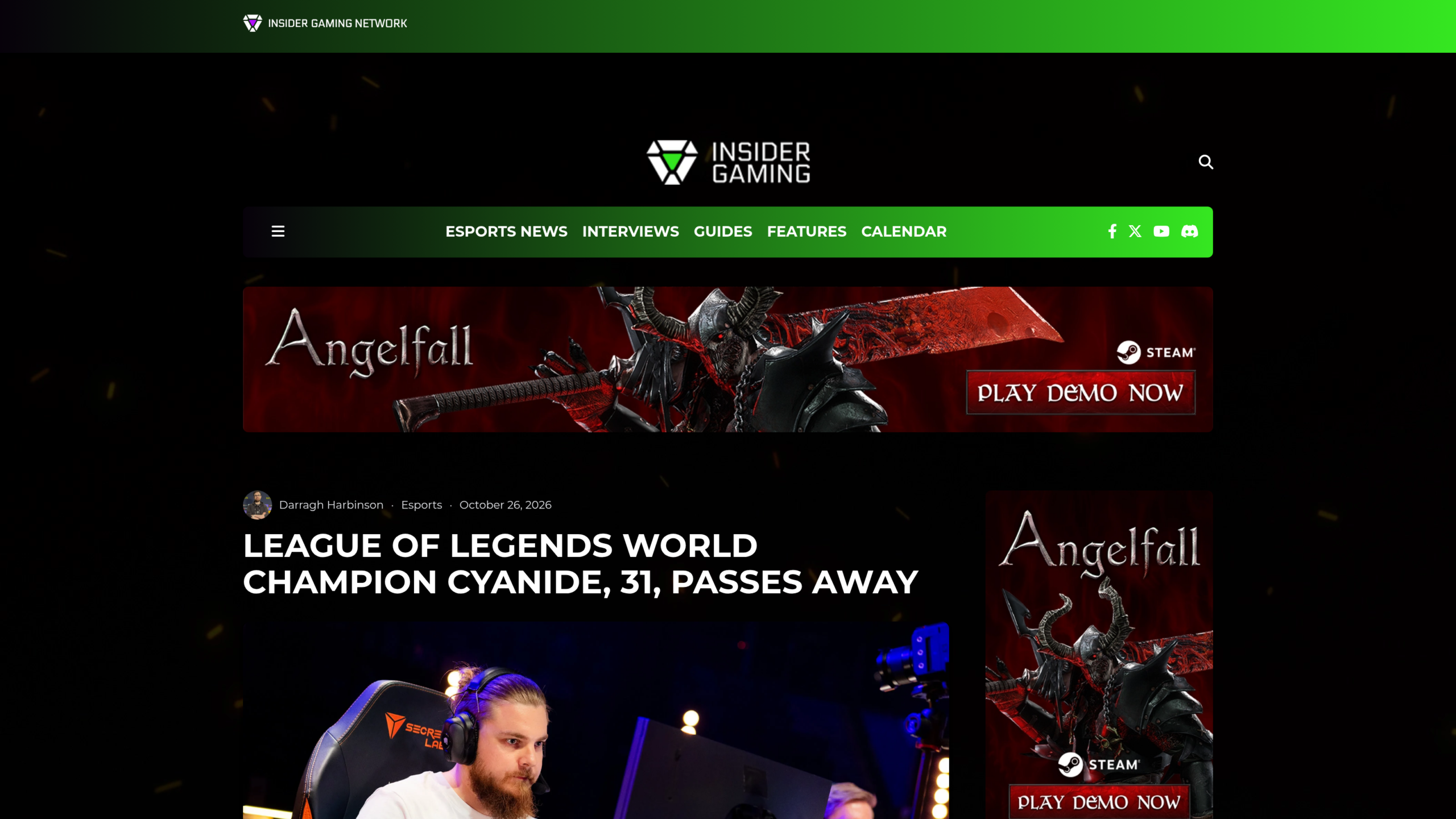 Page d'Insider Gaming du 26 octobre 2026 : titre annonçant la mort du champion du monde de League of Legends Cyanide, à 31 ans, sous la signature de Darragh Harbinson