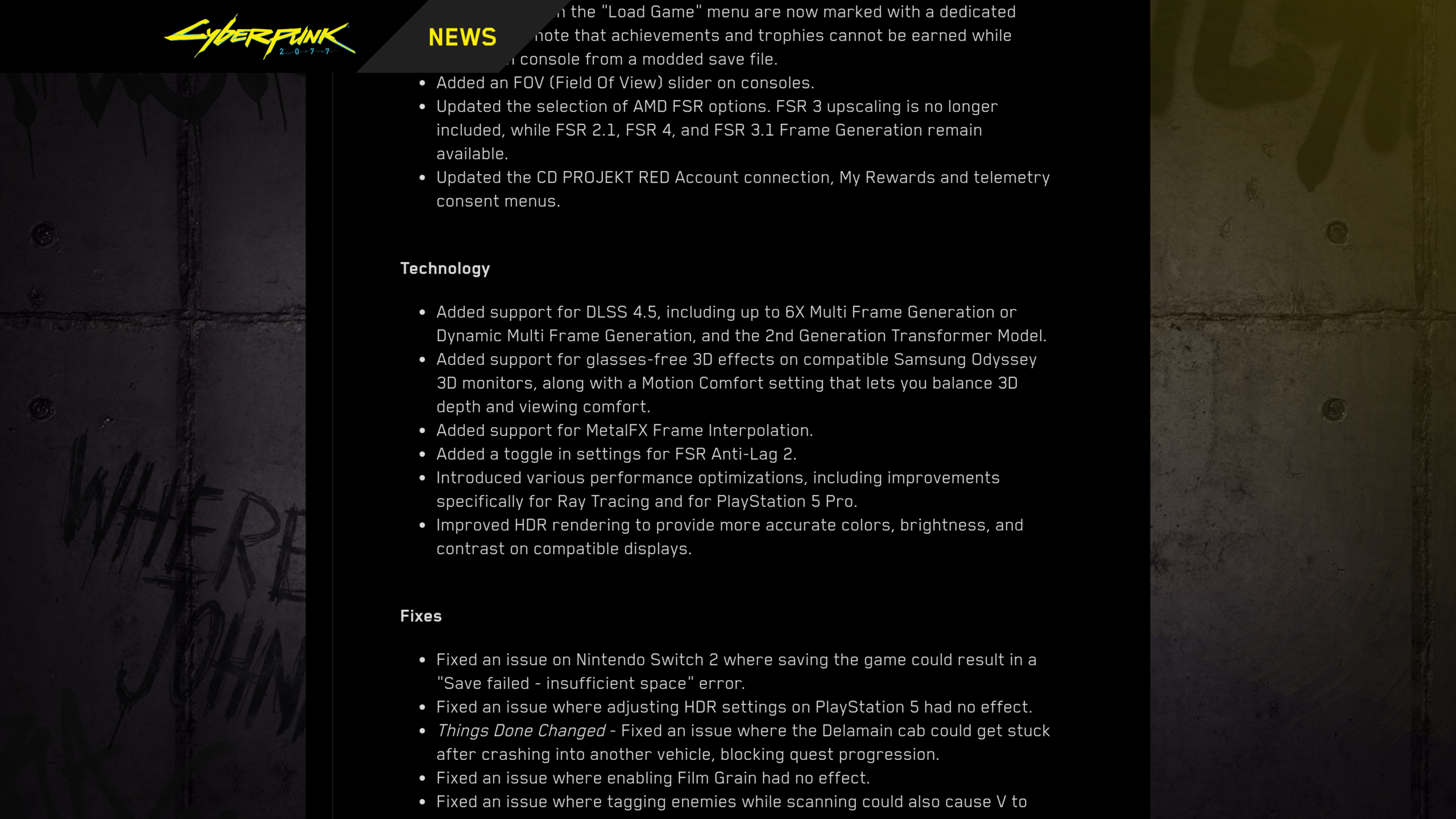 Rubriques Technology et Fixes des notes de patch officielles de Cyberpunk 2077 2.5 : DLSS 4.5, écrans Samsung Odyssey 3D, HDR, correctif de sauvegarde sur Switch 2 et du réglage HDR sur PS5
