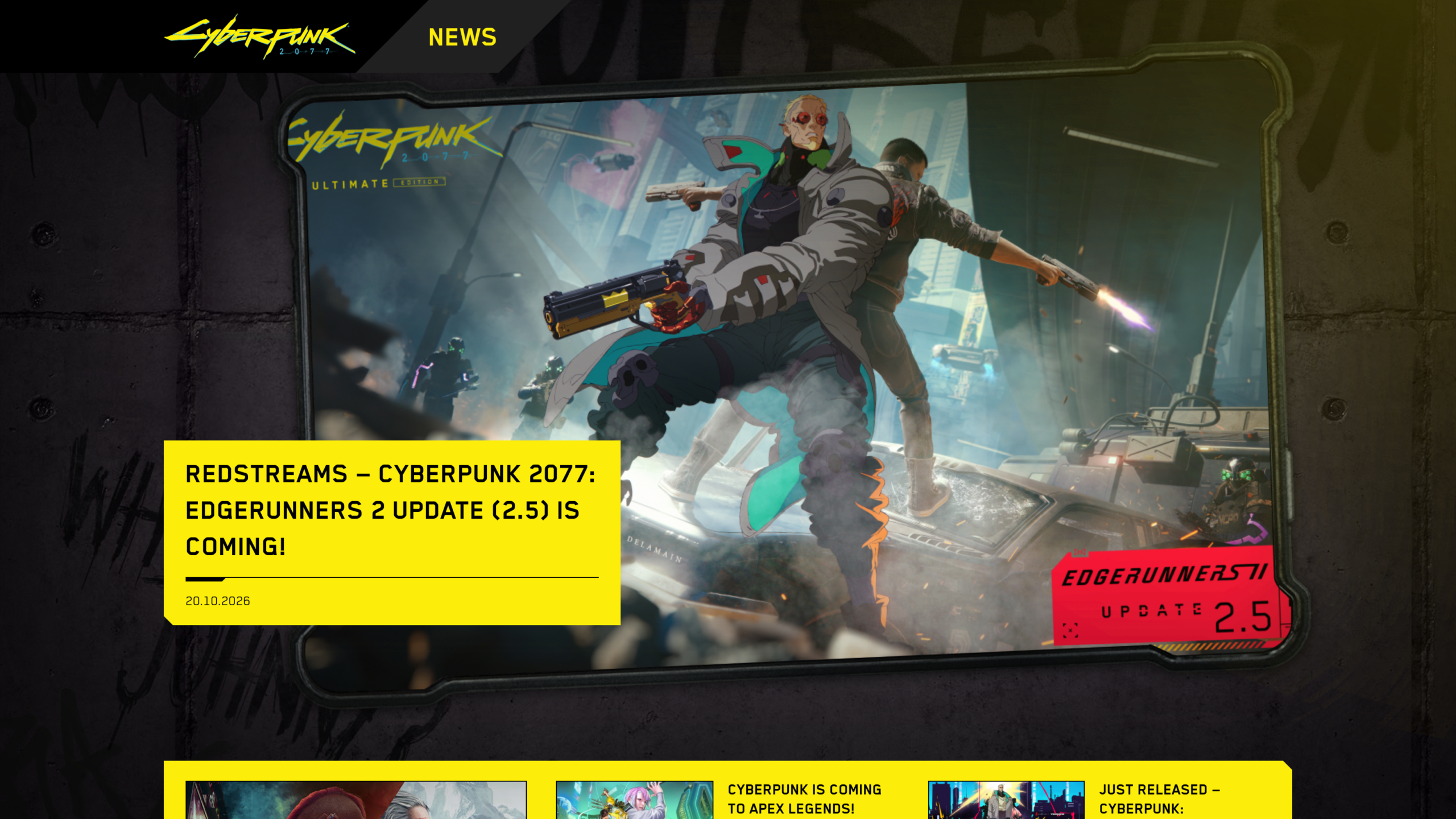 Page News du site officiel Cyberpunk 2077 avec la bannière de l'annonce de la mise à jour 2.5 et le logo Edgerunners II Update 2.5