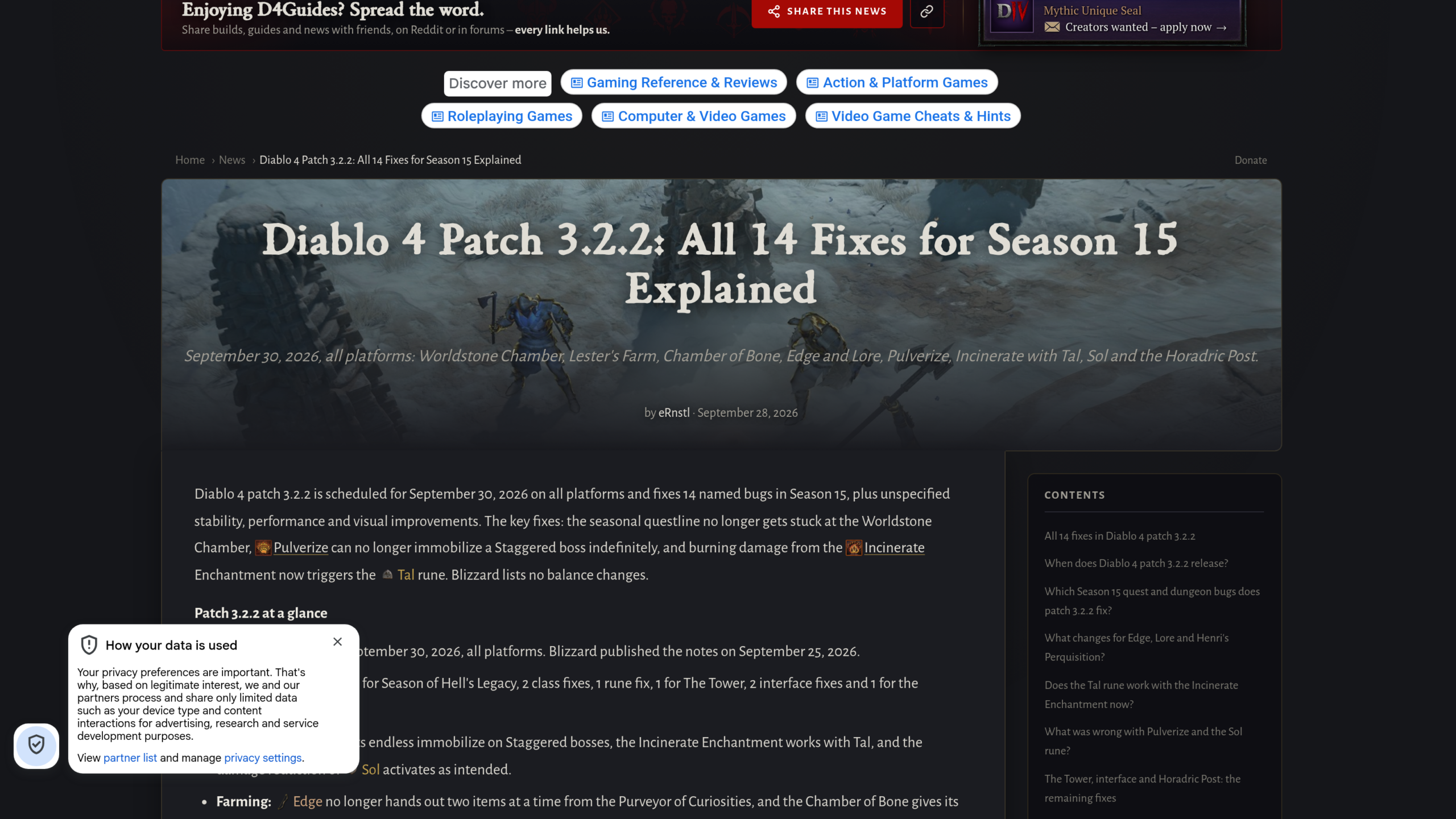 Page d4guides du 28 septembre 2026 : article d'eRnstl qui passe en revue les 14 correctifs du patch 3.2.2 de Diablo 4