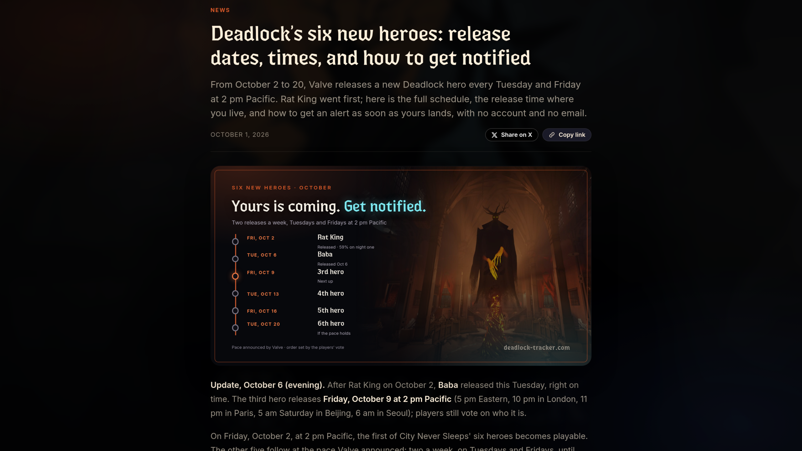 Article de Deadlock Tracker du 1er octobre 2026 avec le calendrier des six sorties de héros, du 2 octobre au 20 octobre, deux par semaine à 14 h Pacifique