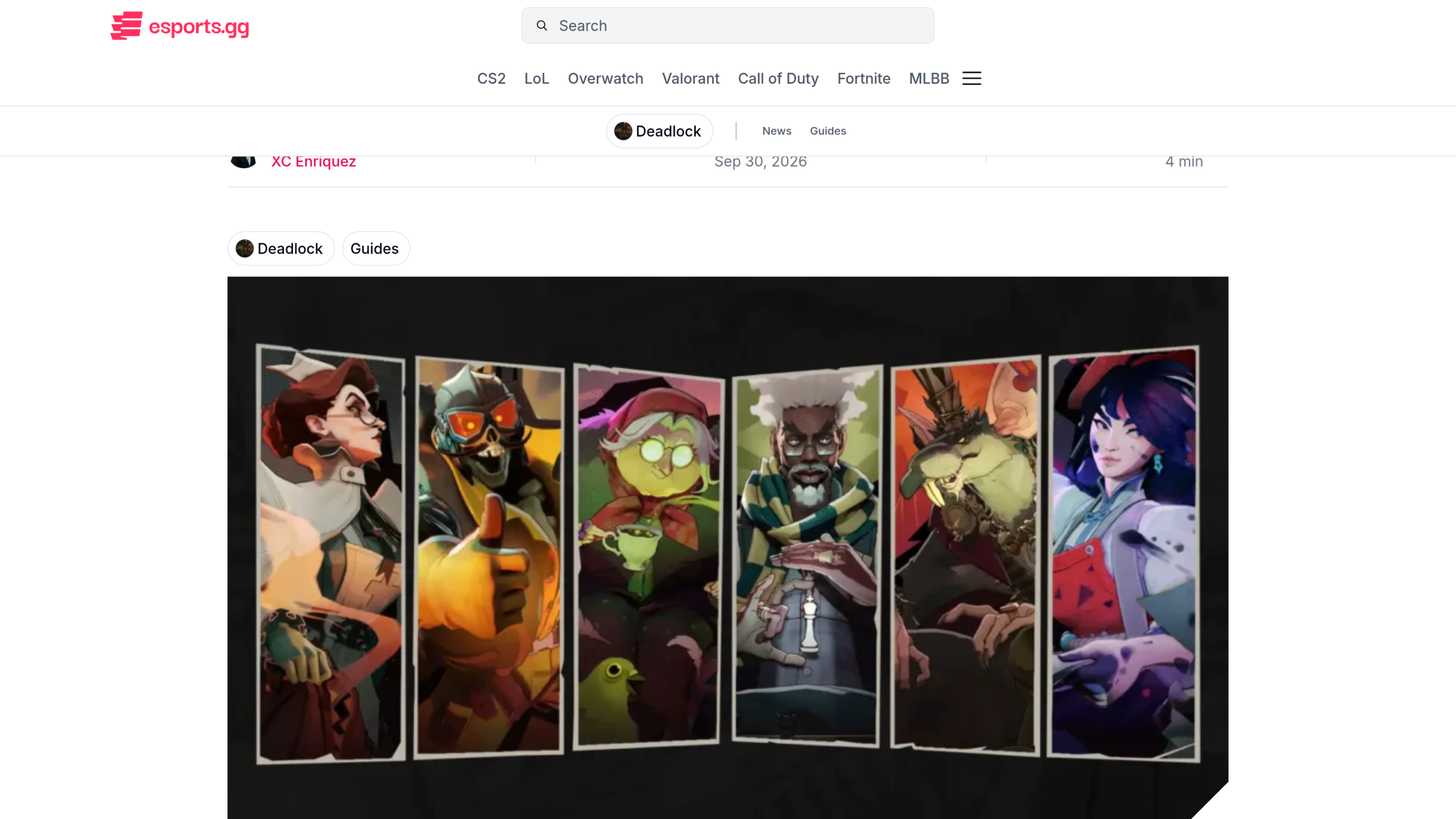 Illustration officielle des six nouveaux héros de Deadlock en six cartes verticales, en tête du guide d'esports.gg publié le 30 septembre 2026