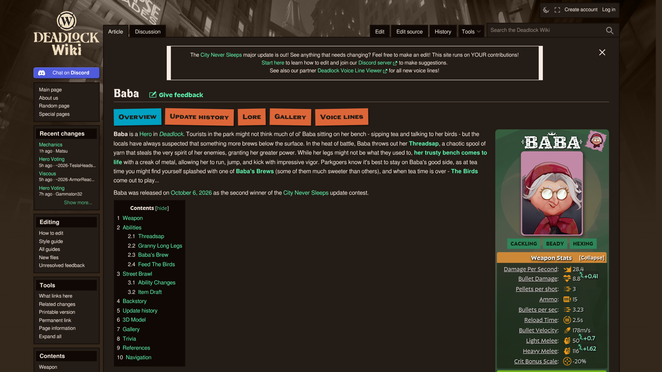 Page du Deadlock Wiki consacrée à l'héroïne Baba : texte de présentation, sommaire des capacités et tableau des statistiques de son arme
