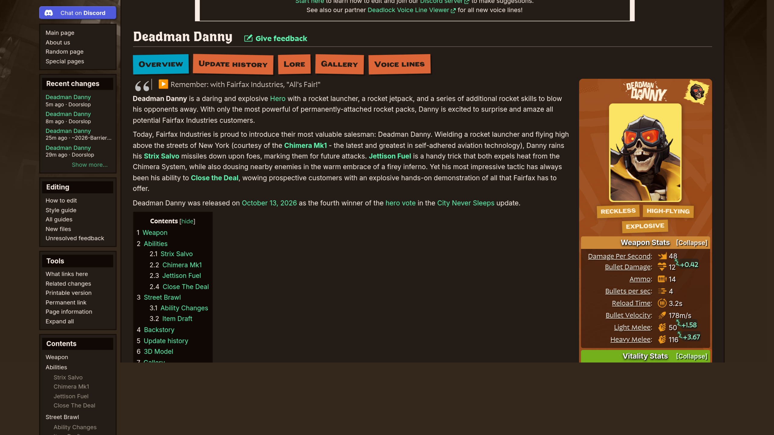 Fiche du héros Deadman Danny sur le Deadlock Wiki : texte de présentation, sommaire des capacités, portrait d'un squelette en casque d'aviateur et lunettes orange, tableau des statistiques de l'arme dont 48 dégâts par seconde