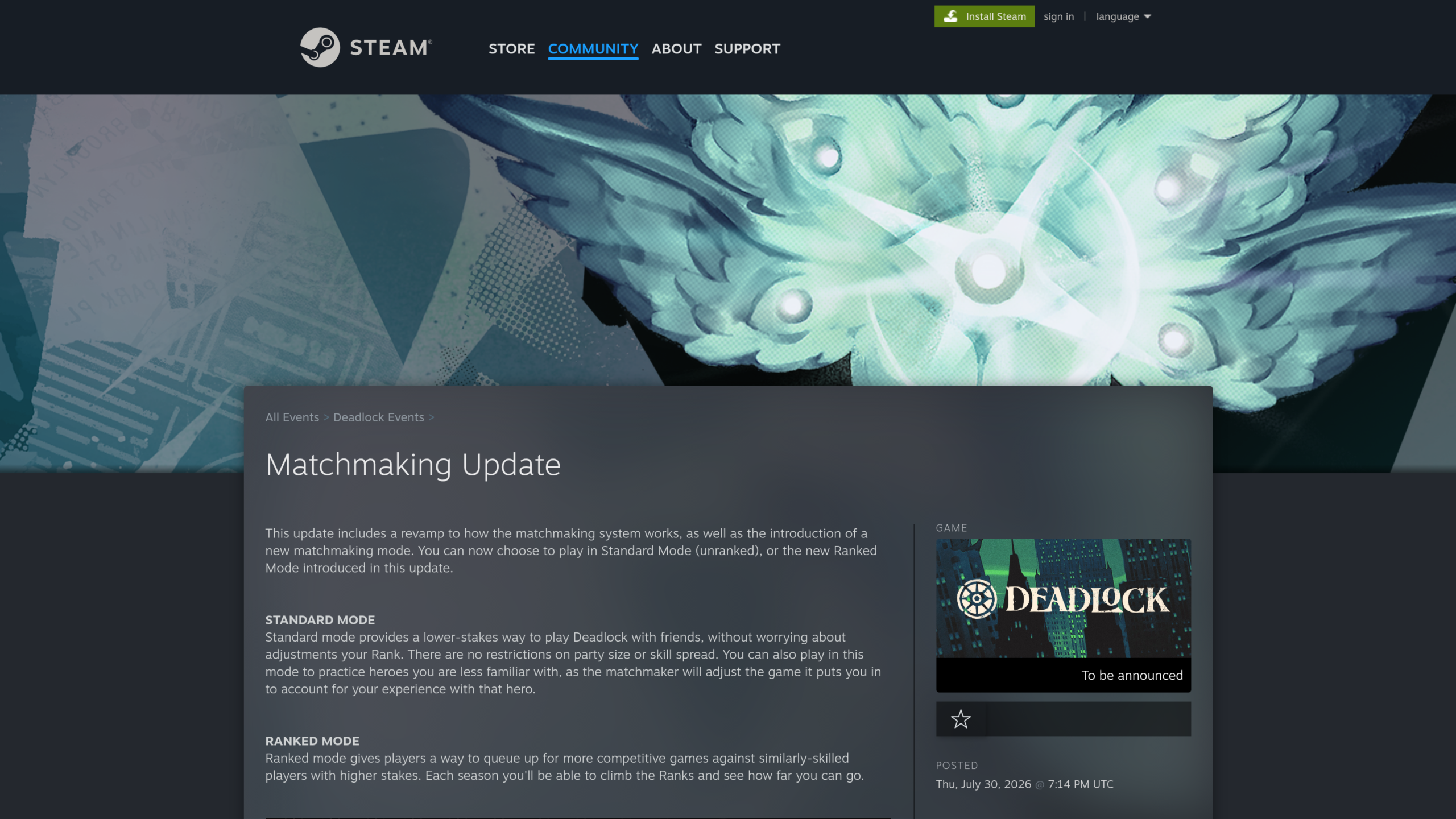 Page Steam Community intitulée Matchmaking Update, avec en bandeau un motif d'ailes turquoise lumineuses, puis la présentation du mode standard et du mode classé
