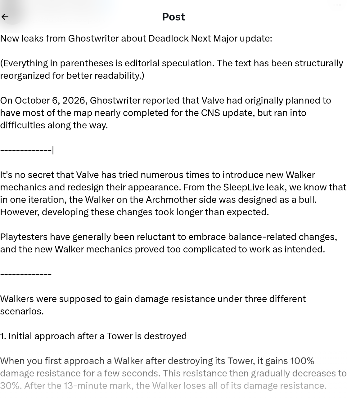 Capture d'un message X de @deadlockesport sur les fuites Ghostwriter : une tour détruite, puis un Walker qui gagne 100 % de résistance aux dégâts avant de redescendre à 30 %