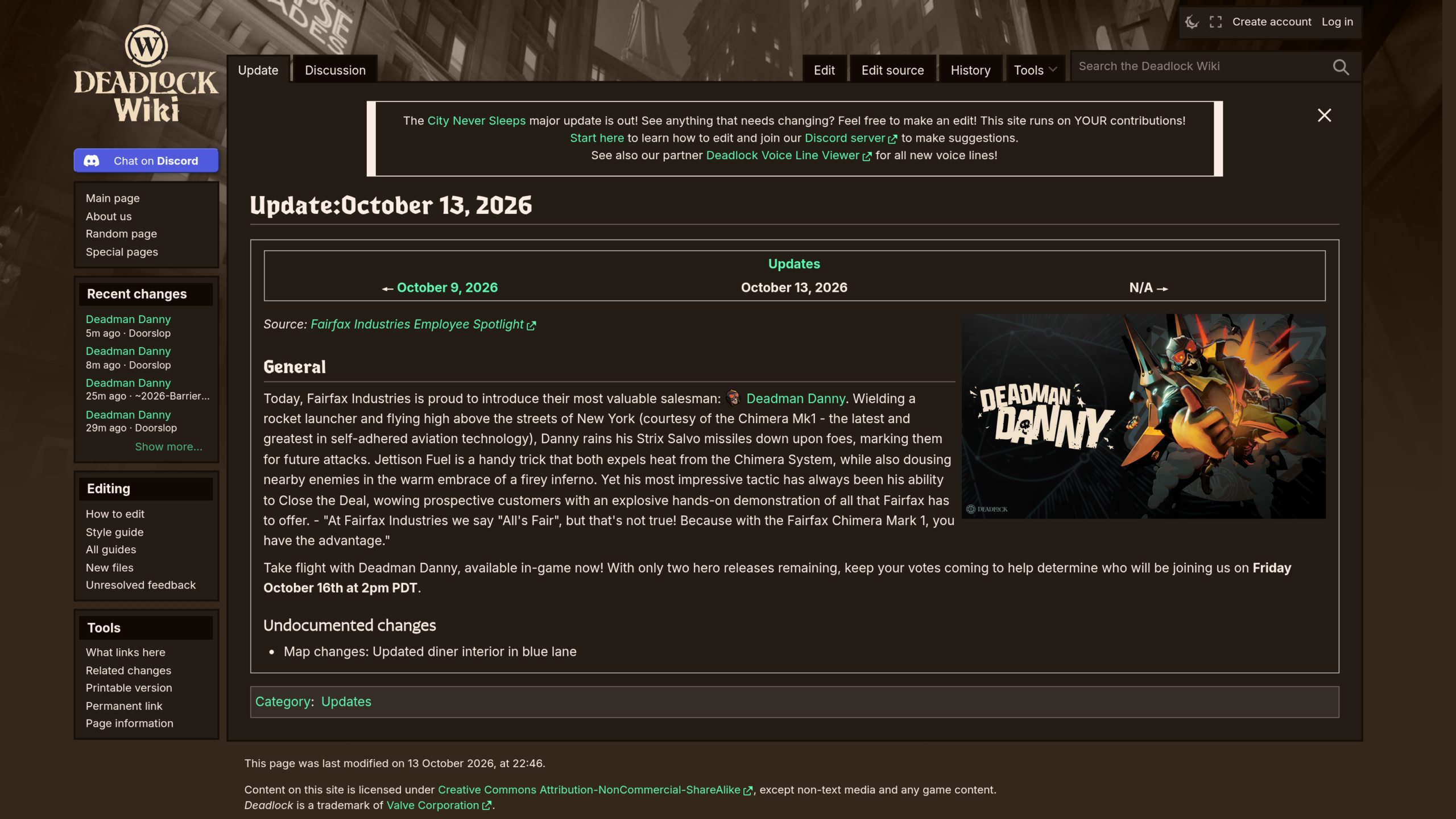 Page du Deadlock Wiki consacrée à la mise à jour du 13 octobre 2026 : texte de présentation de Deadman Danny par Fairfax Industries, visuel du héros en plein vol avec son lance-roquettes, annonce du vote pour le vendredi 16 octobre à 14 h PDT