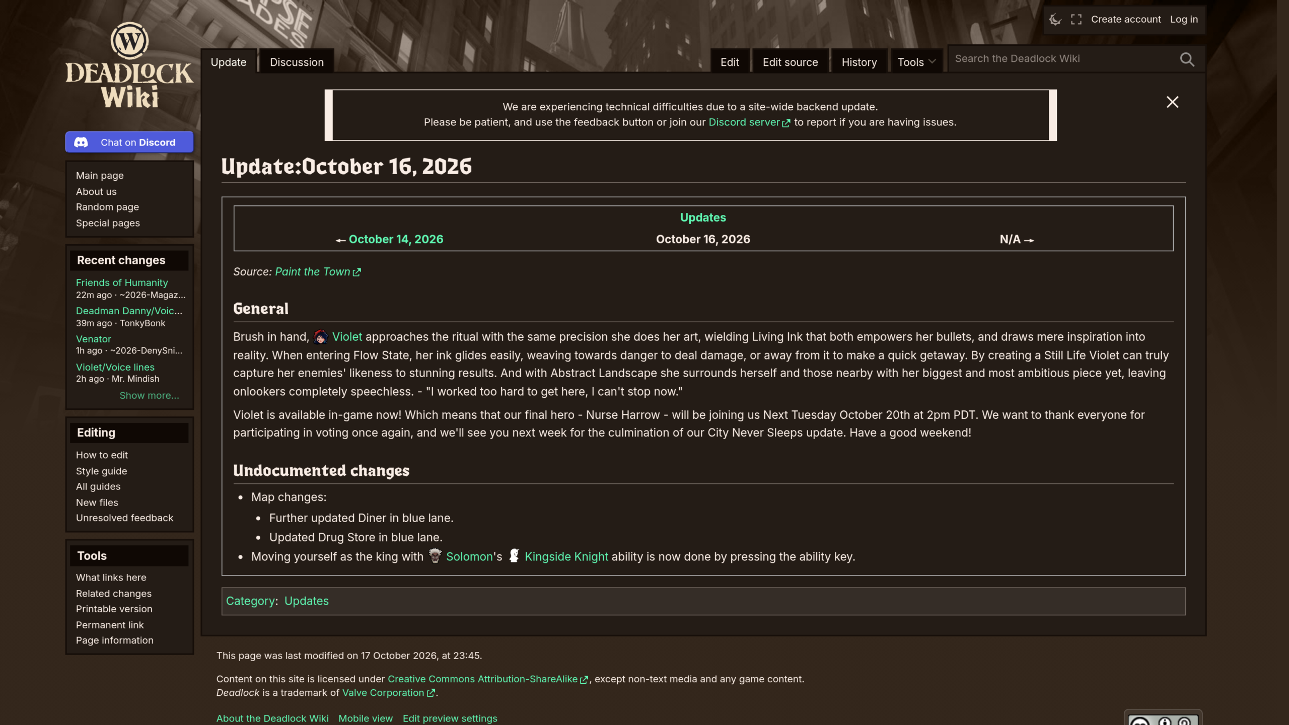 Page du Deadlock Wiki consacrée à la mise à jour du 16 octobre 2026, avec la présentation de Violet et l'annonce de Nurse Harrow pour le mardi 20 octobre