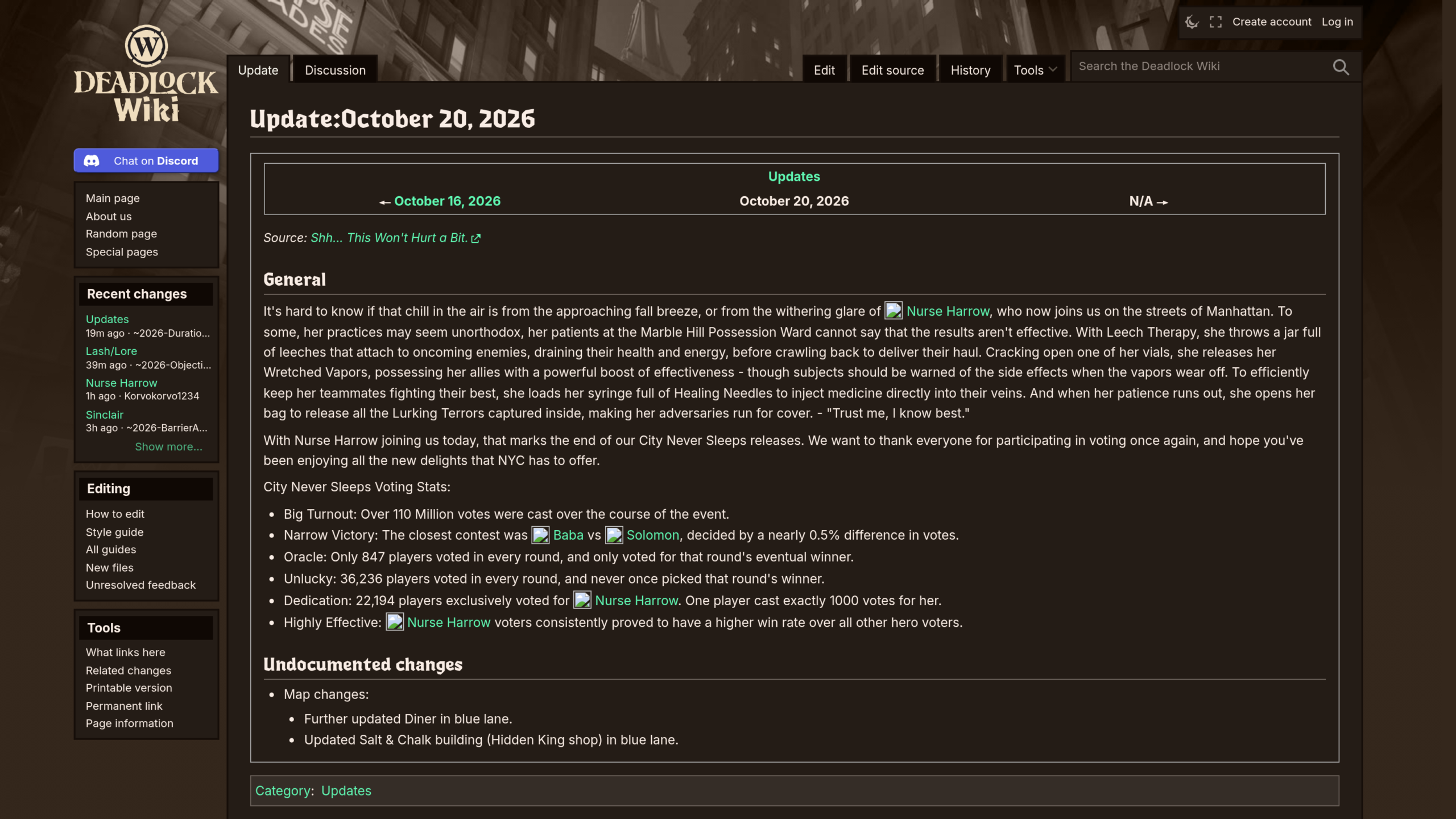 Page du Deadlock Wiki sur la mise à jour du 20 octobre 2026, avec la liste des statistiques de vote de City Never Sleeps