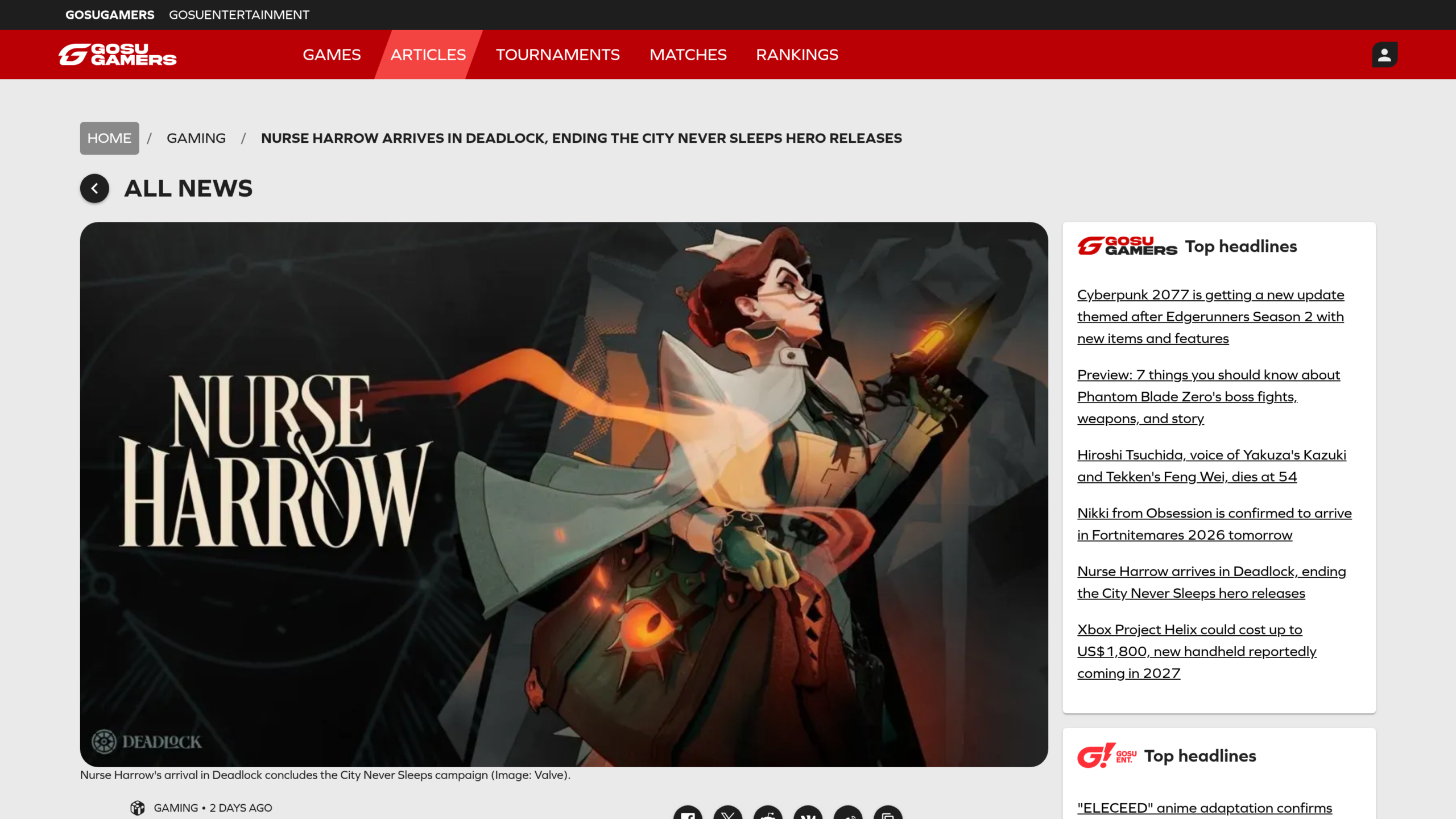 Page de GosuGamers avec le visuel officiel de Nurse Harrow, infirmière en blouse grise tenant une seringue lumineuse et un grand sac