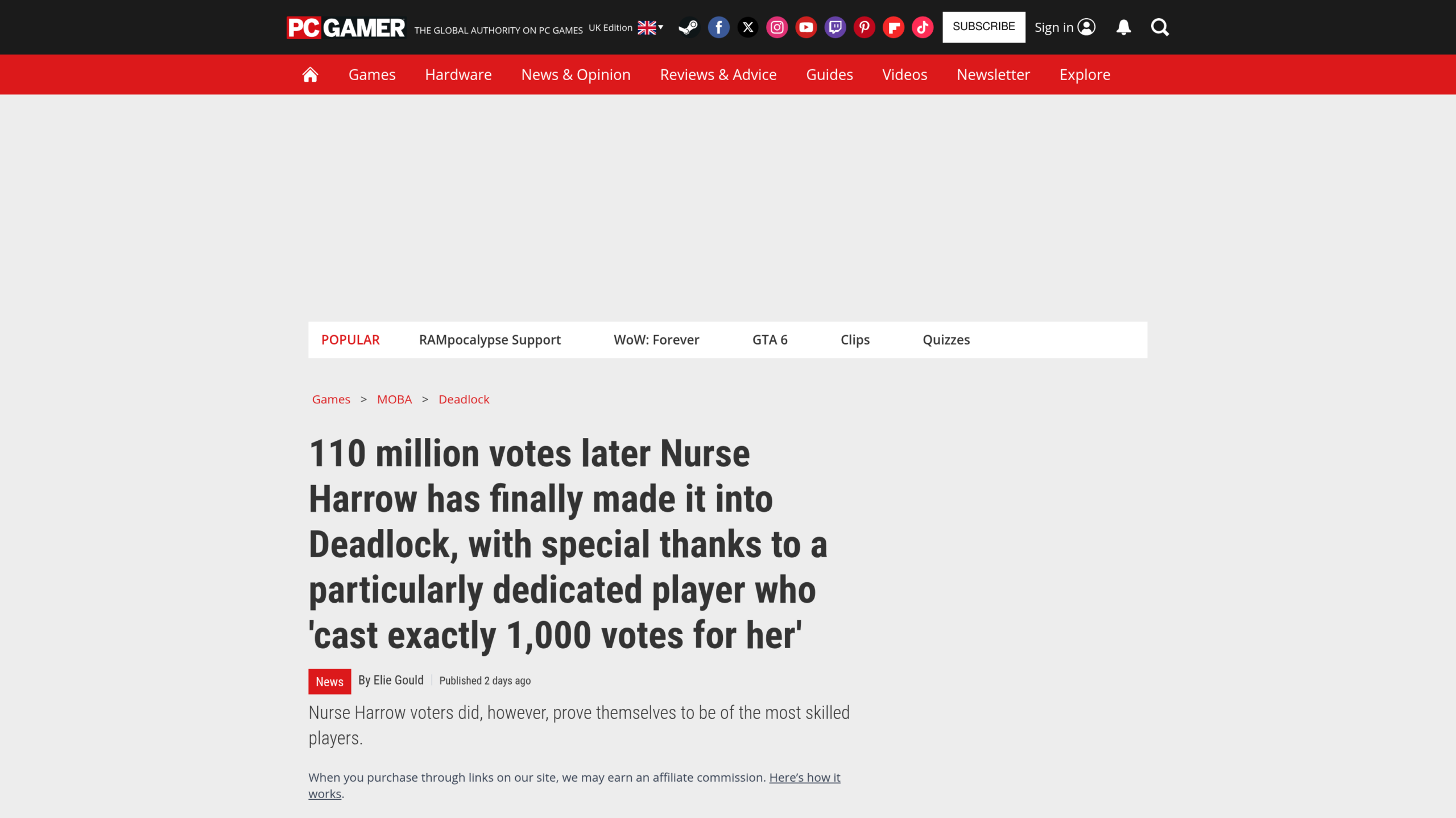 Titre de l'article de PC Gamer sur les 110 millions de votes et le joueur qui a donné exactement 1 000 votes à Nurse Harrow
