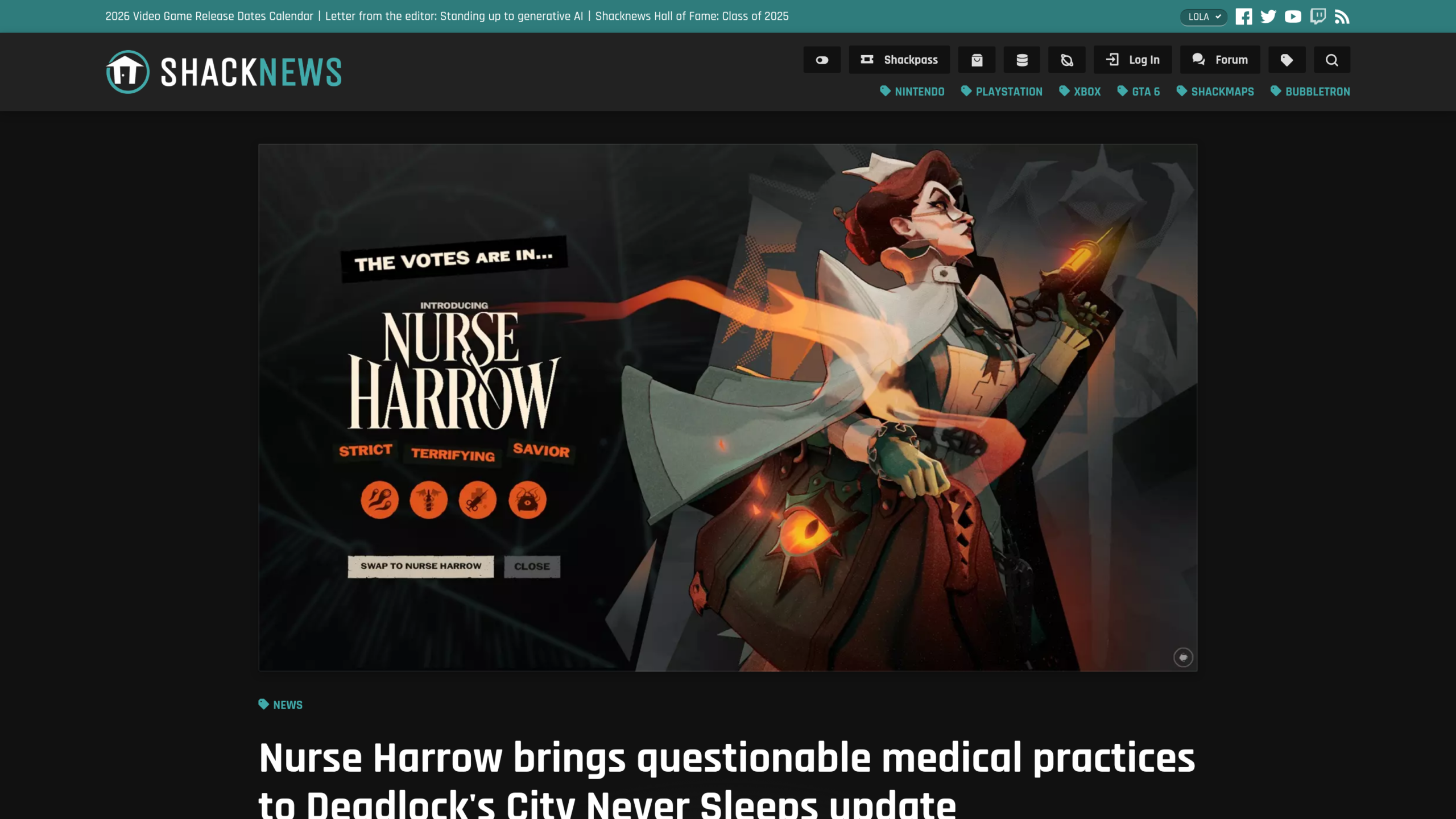 Écran de présentation de Nurse Harrow dans Deadlock avec ses quatre icônes de capacités et le bouton pour la sélectionner