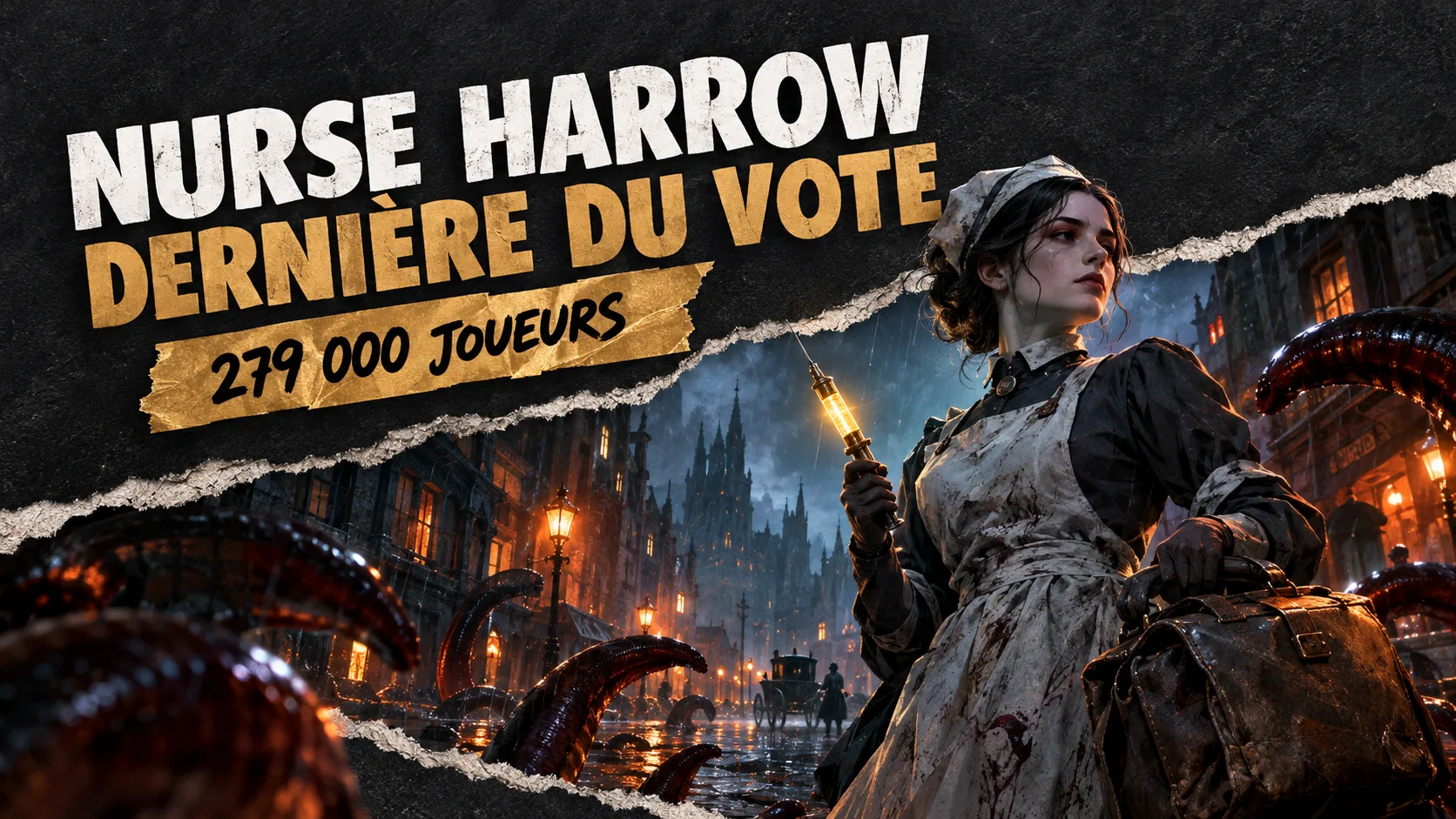 Nurse Harrow, infirmière de Deadlock en blouse grise avec une seringue lumineuse, sous le titre « Nurse Harrow, dernière du vote, 279 000 joueurs » sur un papier déchiré