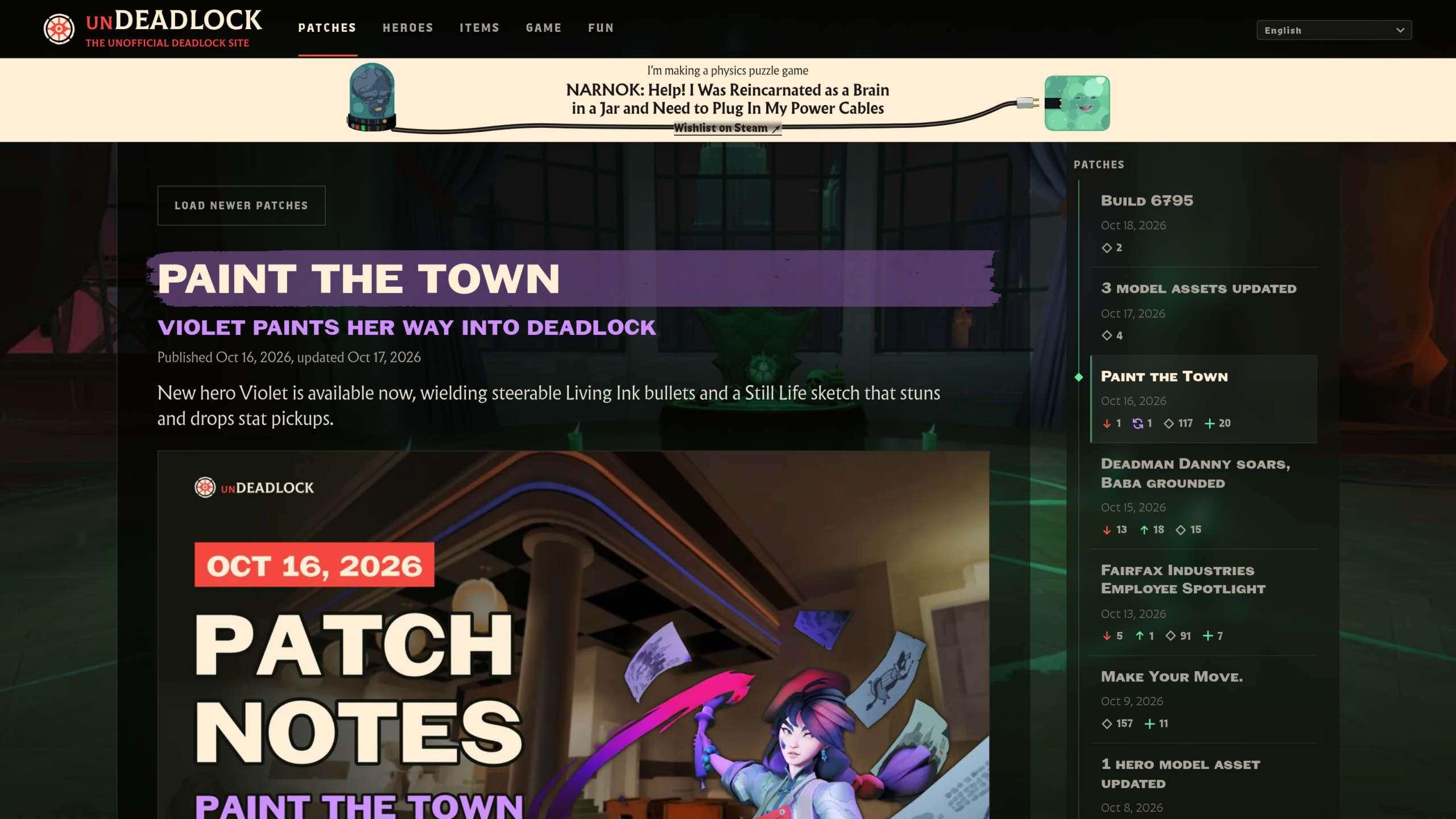 Page unDeadlock des notes de patch Paint the Town du 16 octobre 2026 : bannière avec l'héroïne et son pinceau, liste des derniers patchs dans la colonne de droite