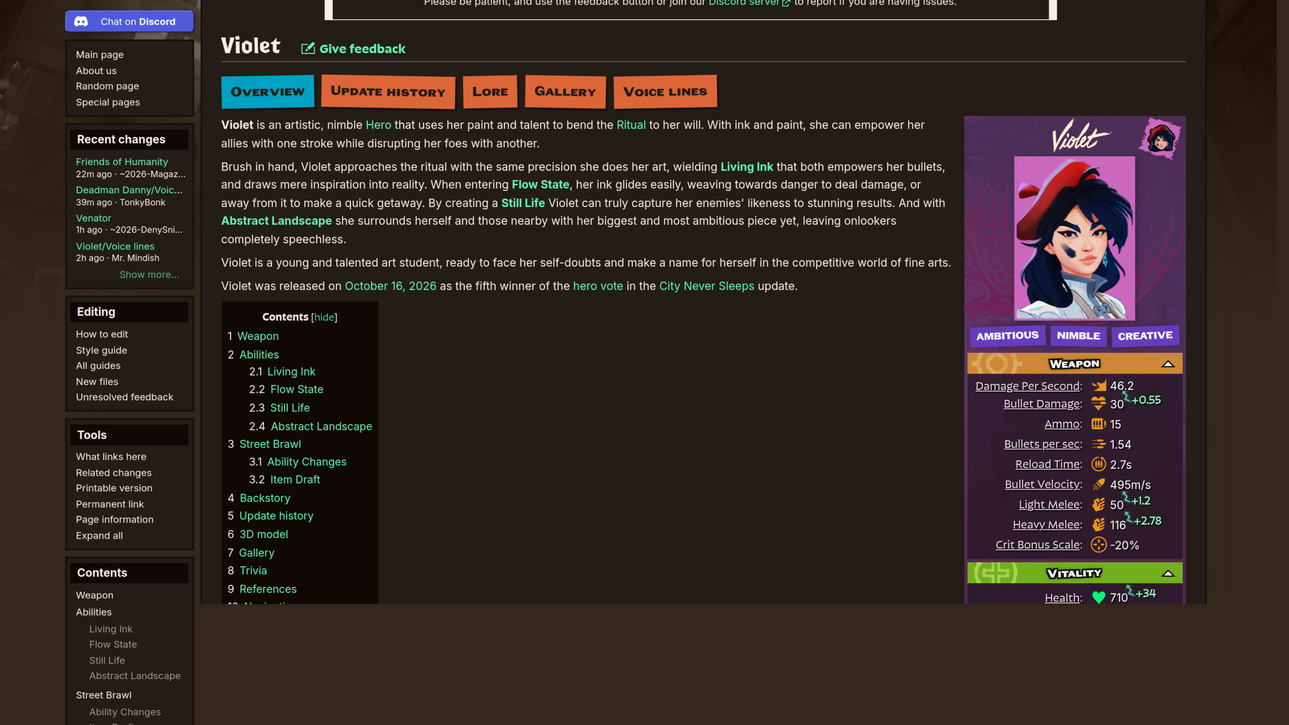 Fiche de Violet sur le Deadlock Wiki avec son portrait, les statistiques de son arme à 46,2 dégâts par seconde et ses 710 points de vie