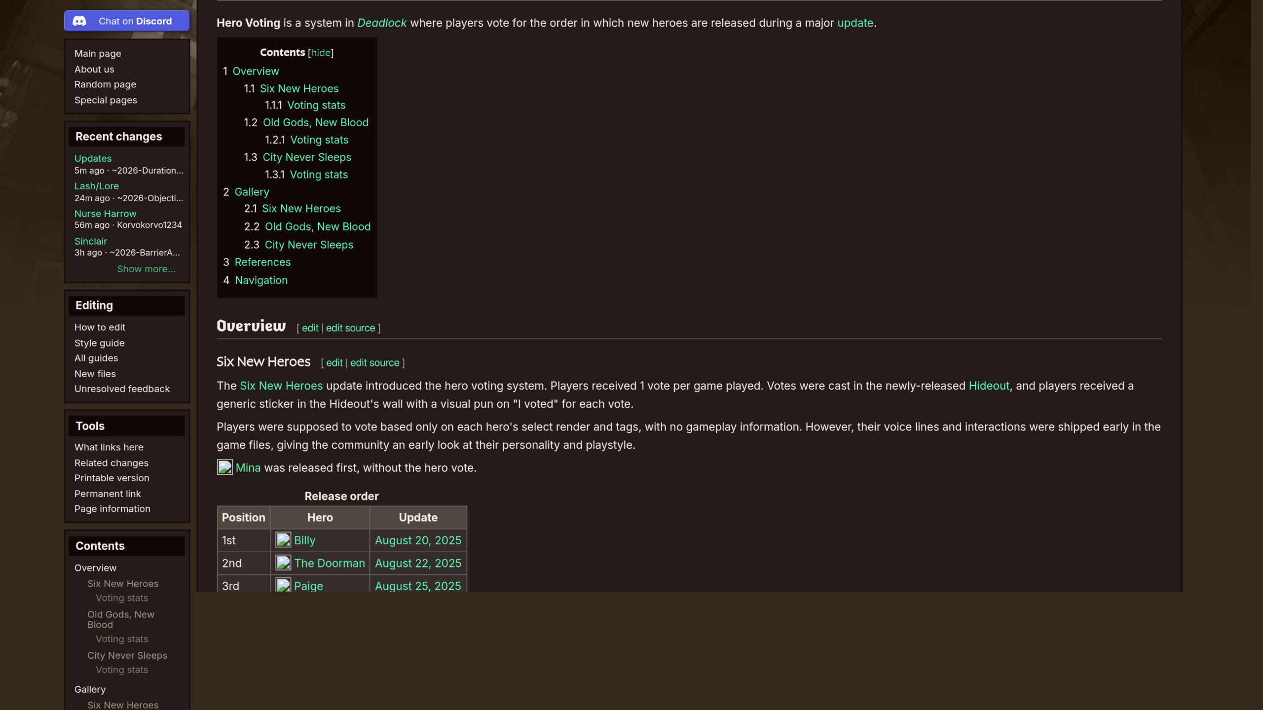 Page Hero Voting du Deadlock Wiki : explication du vote à une voix par partie, autocollant du Hideout et début du tableau d'ordre de sortie des héros