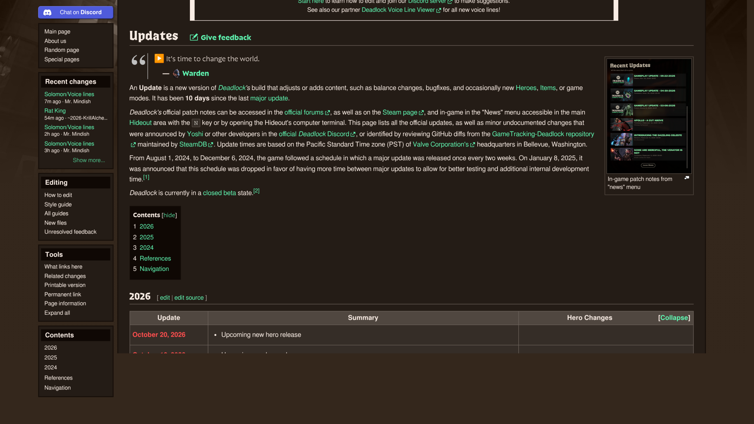 Page Updates du Deadlock Wiki avec le tableau des mises à jour d'octobre 2026 et les sorties de héros à venir