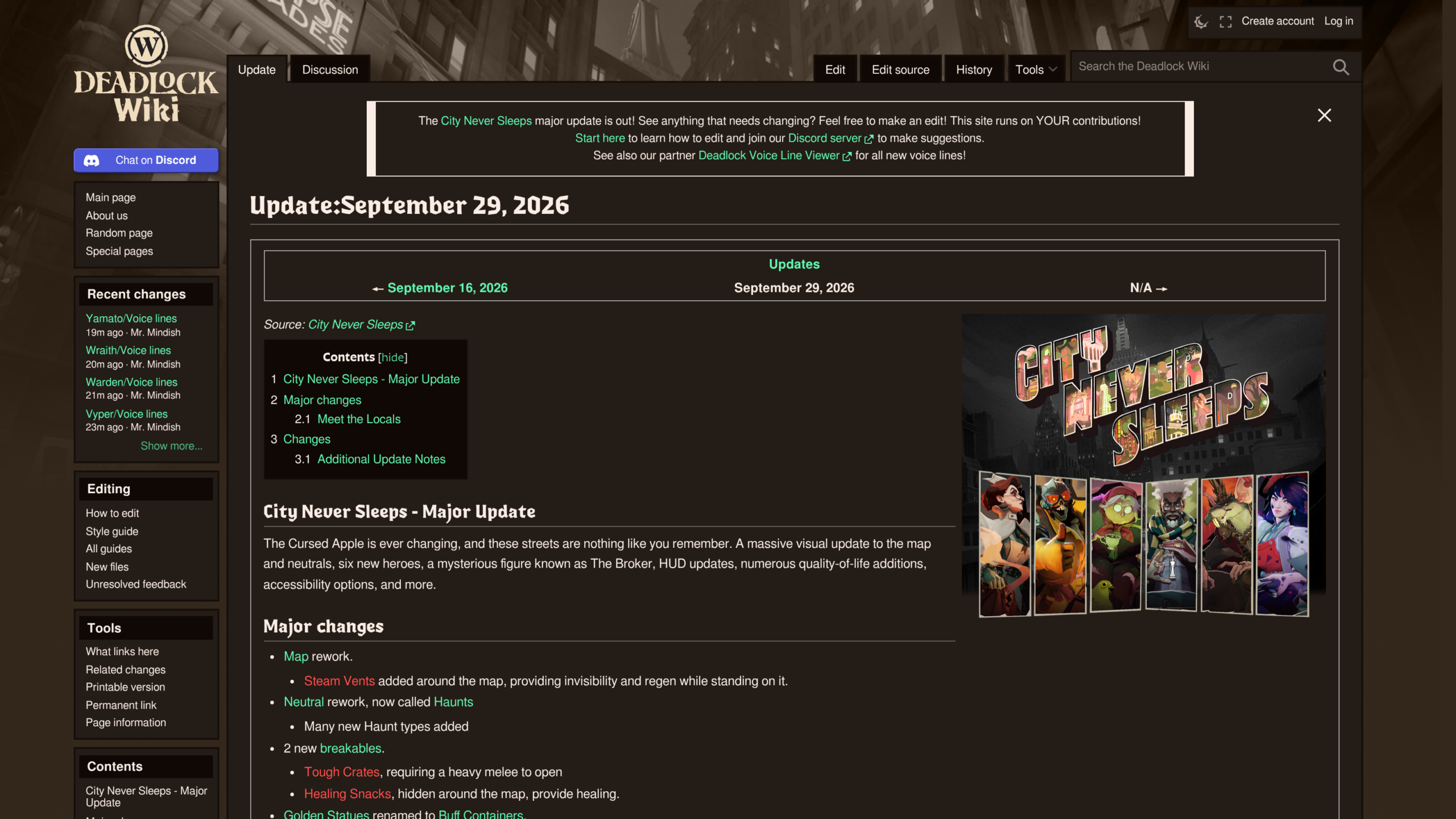 Page Update:September 29, 2026 du wiki deadlock.wiki avec l'affiche City Never Sleeps et la liste des changements majeurs