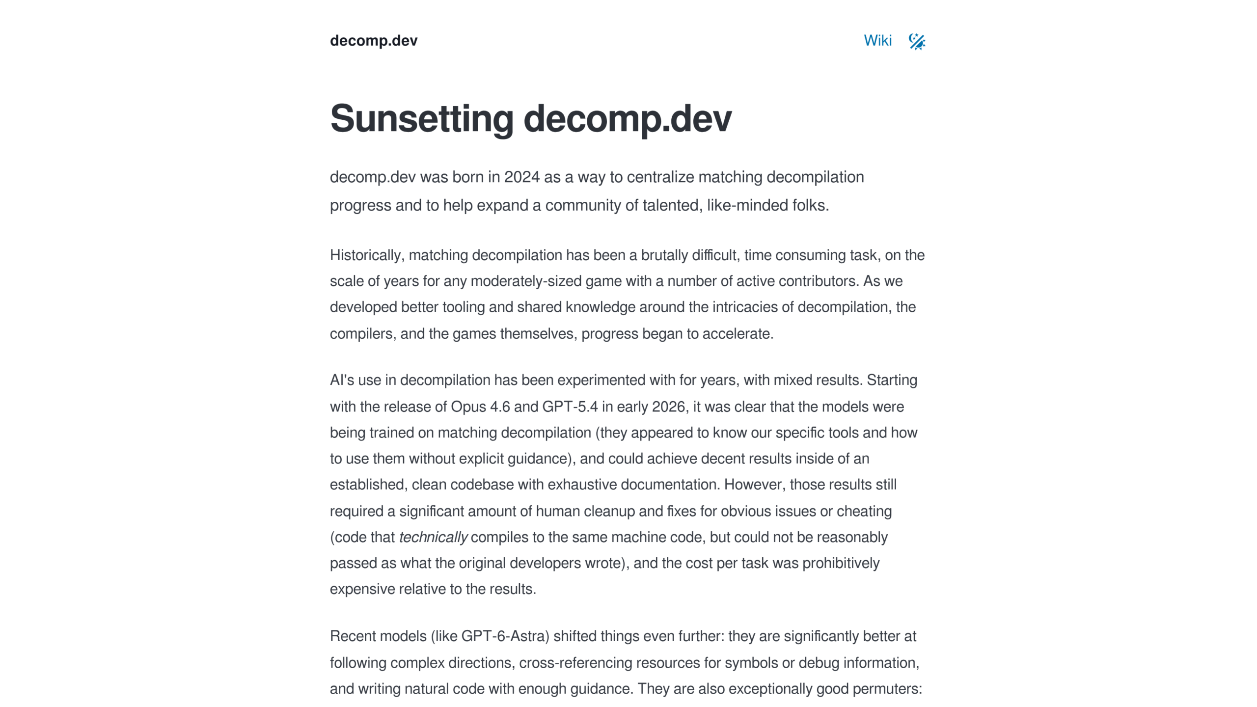 Page du site decomp.dev affichant le titre Sunsetting decomp.dev et les premiers paragraphes du texte de son créateur, qui évoque des modèles d'IA sortis début 2026