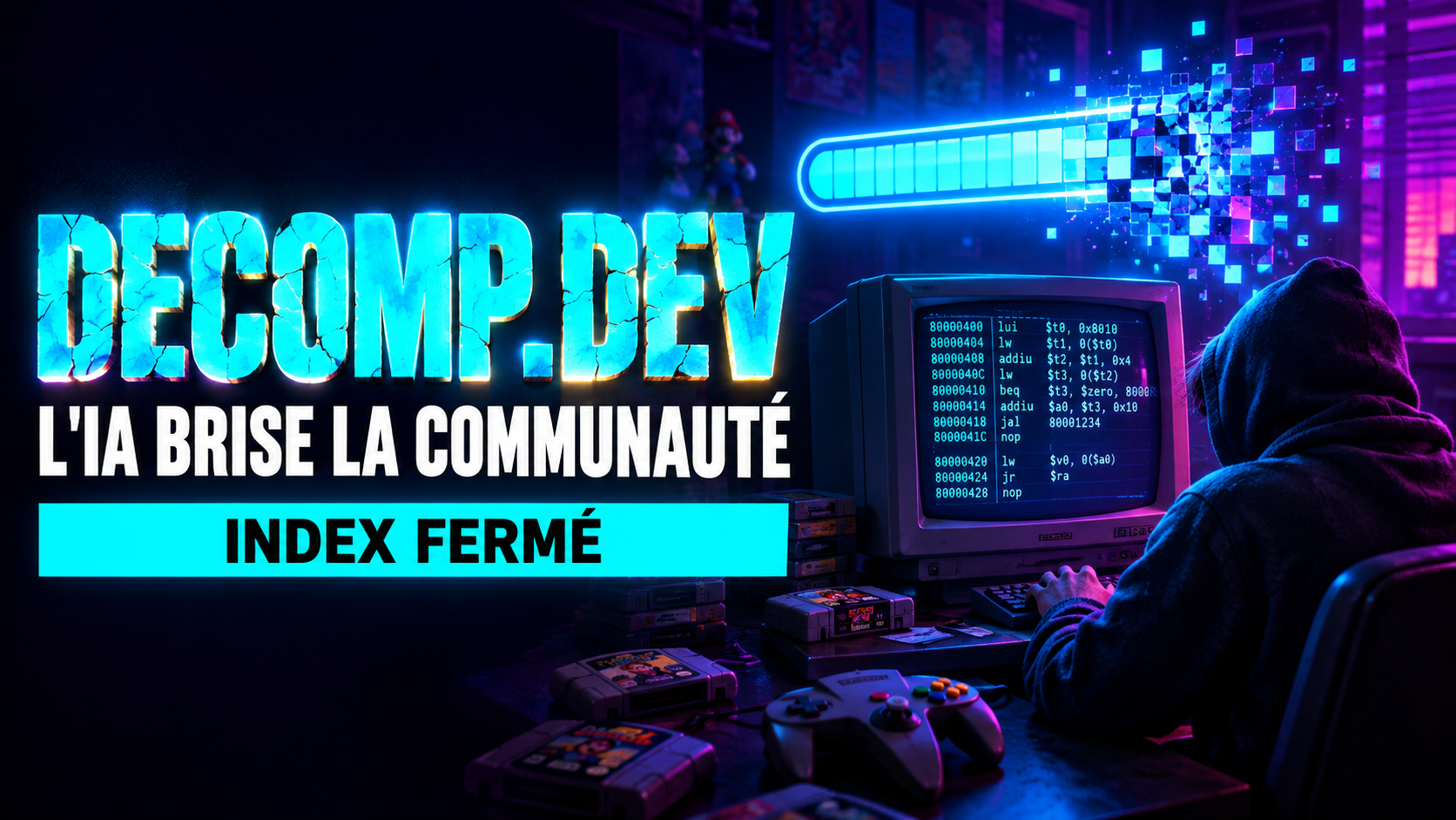 Le mot DECOMP.DEV fissuré au-dessus du texte « L'IA brise la communauté » : une barre de progression de décompilation IA part en pixels devant un programmeur et un vieil écran rempli de code assembleur