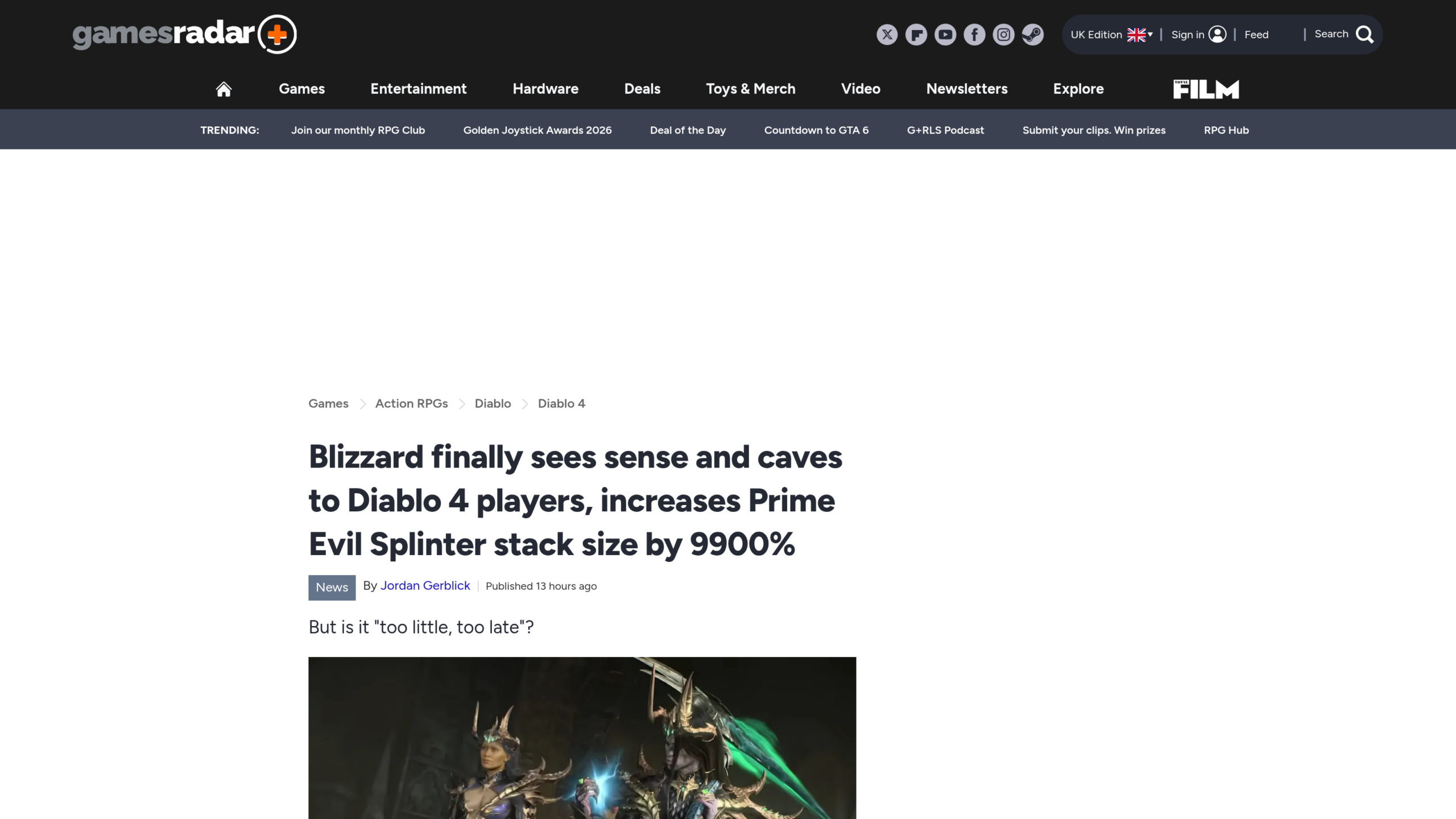 Article de GamesRadar signé Jordan Gerblick, titré Blizzard finally sees sense and caves to Diablo 4 players, increases Prime Evil Splinter stack size by 9900%