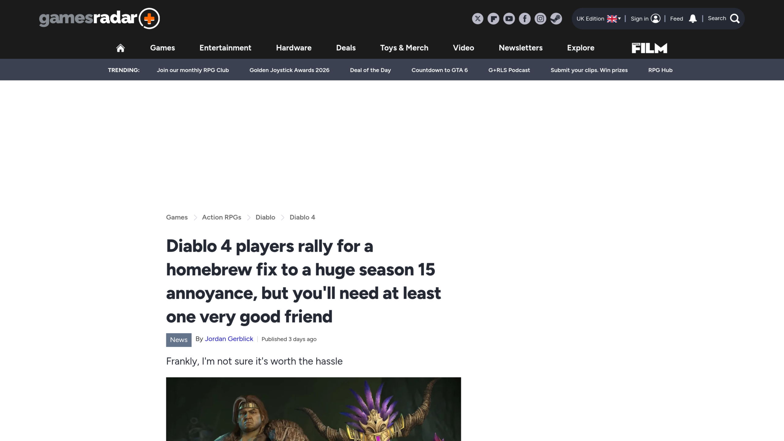 Article de GamesRadar du 21 octobre 2026 sur une solution de contournement des joueurs de Diablo 4 pour la saison 15, avec l'accroche I'm not sure it's worth the hassle
