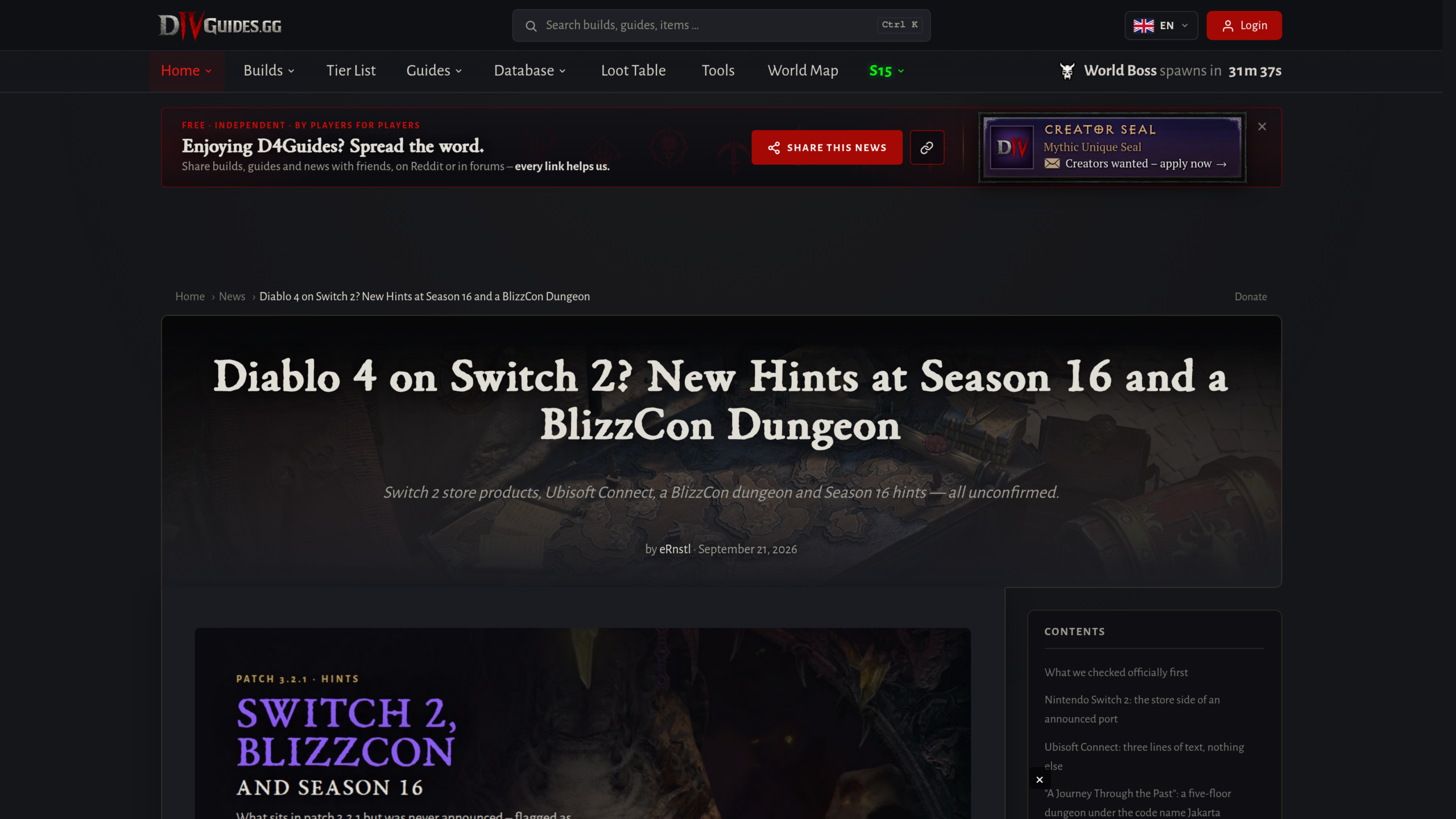 Article de D4Guides du 21 septembre 2026 signé eRnstl, titré Diablo 4 on Switch 2? New Hints at Season 16 and a BlizzCon Dungeon, avec un bandeau Patch 3.2.1 hints