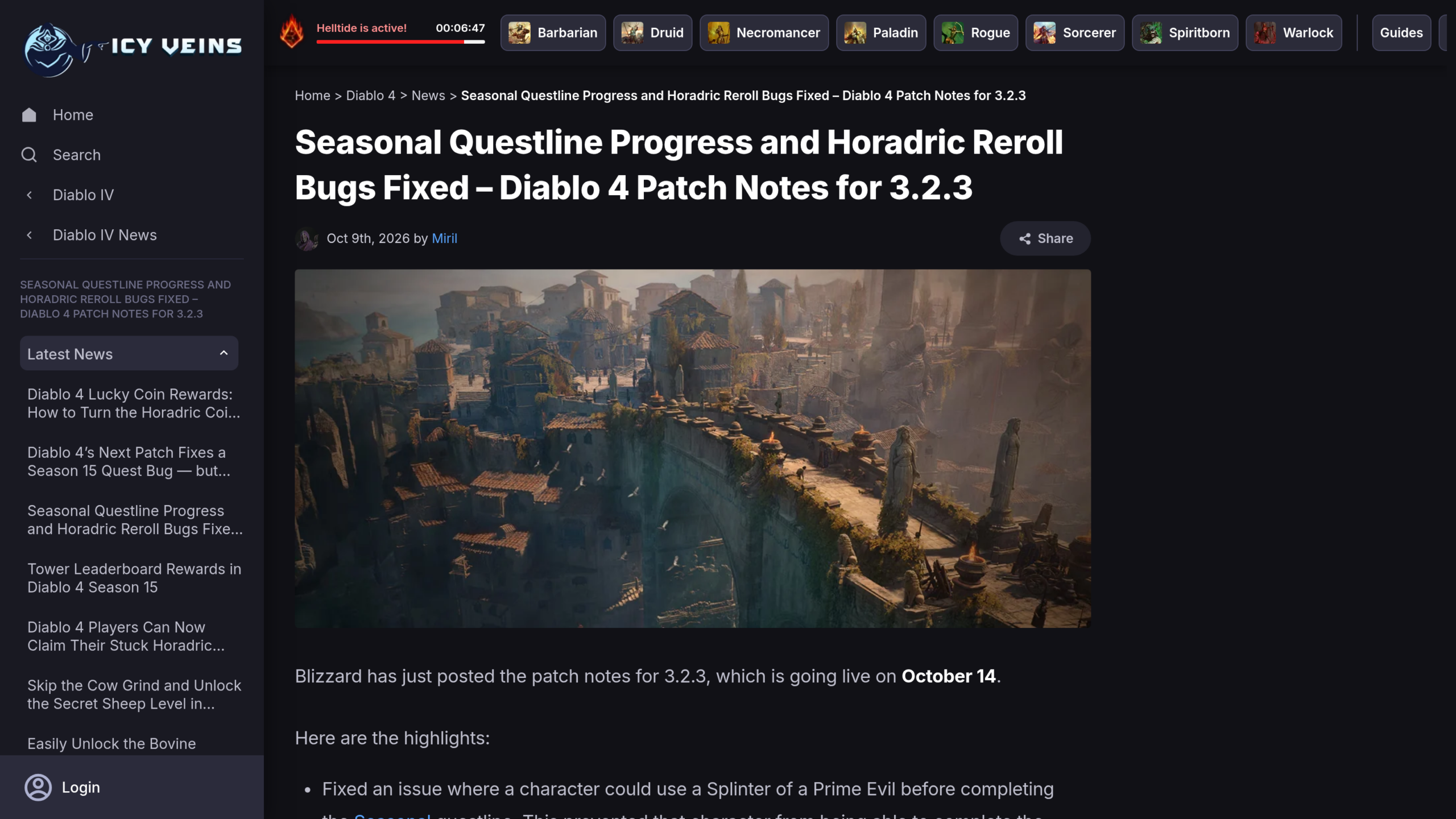 Page d'Icy Veins du 9 octobre 2026 signée Miril, qui relaie les notes du patch 3.2.3 de Diablo 4 annoncé pour le 14 octobre, illustrée d'une vue de ville sur un pont de pierre
