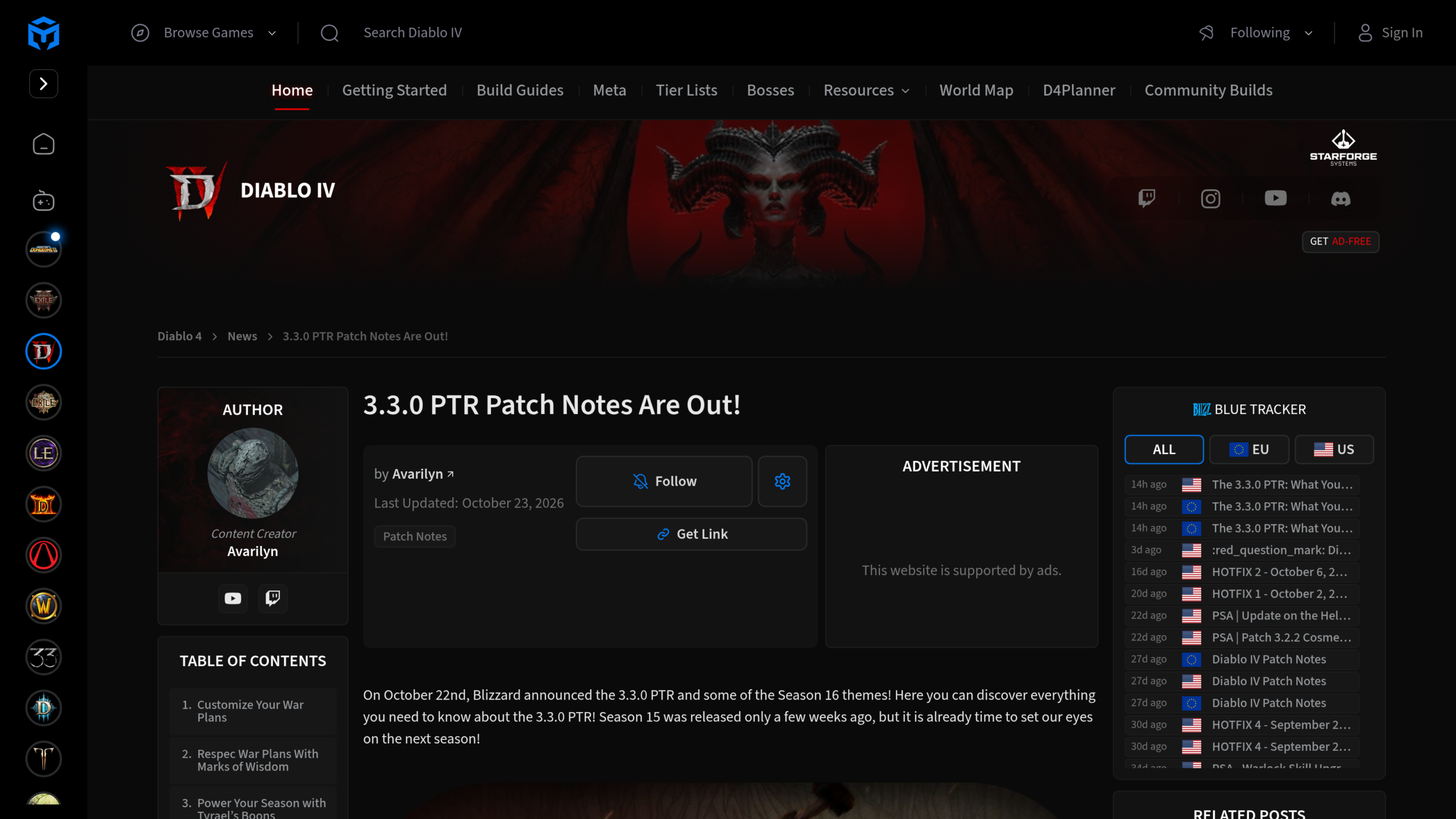 Page de Maxroll titrée 3.3.0 PTR Patch Notes Are Out, signée Avarilyn, avec le sommaire listant War Plans, Marks of Wisdom, Tyrael's Boons et Horadric Items