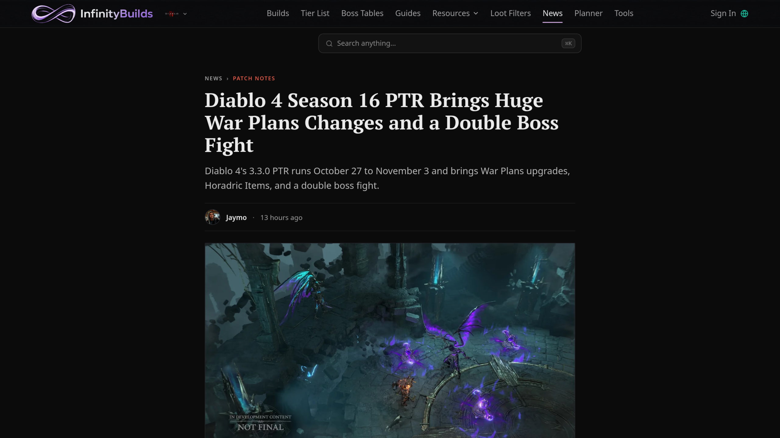Page d'InfinityBuilds titrée Diablo 4 Season 16 PTR Brings Huge War Plans Changes and a Double Boss Fight, avec une capture du combat contre une créature ailée violette