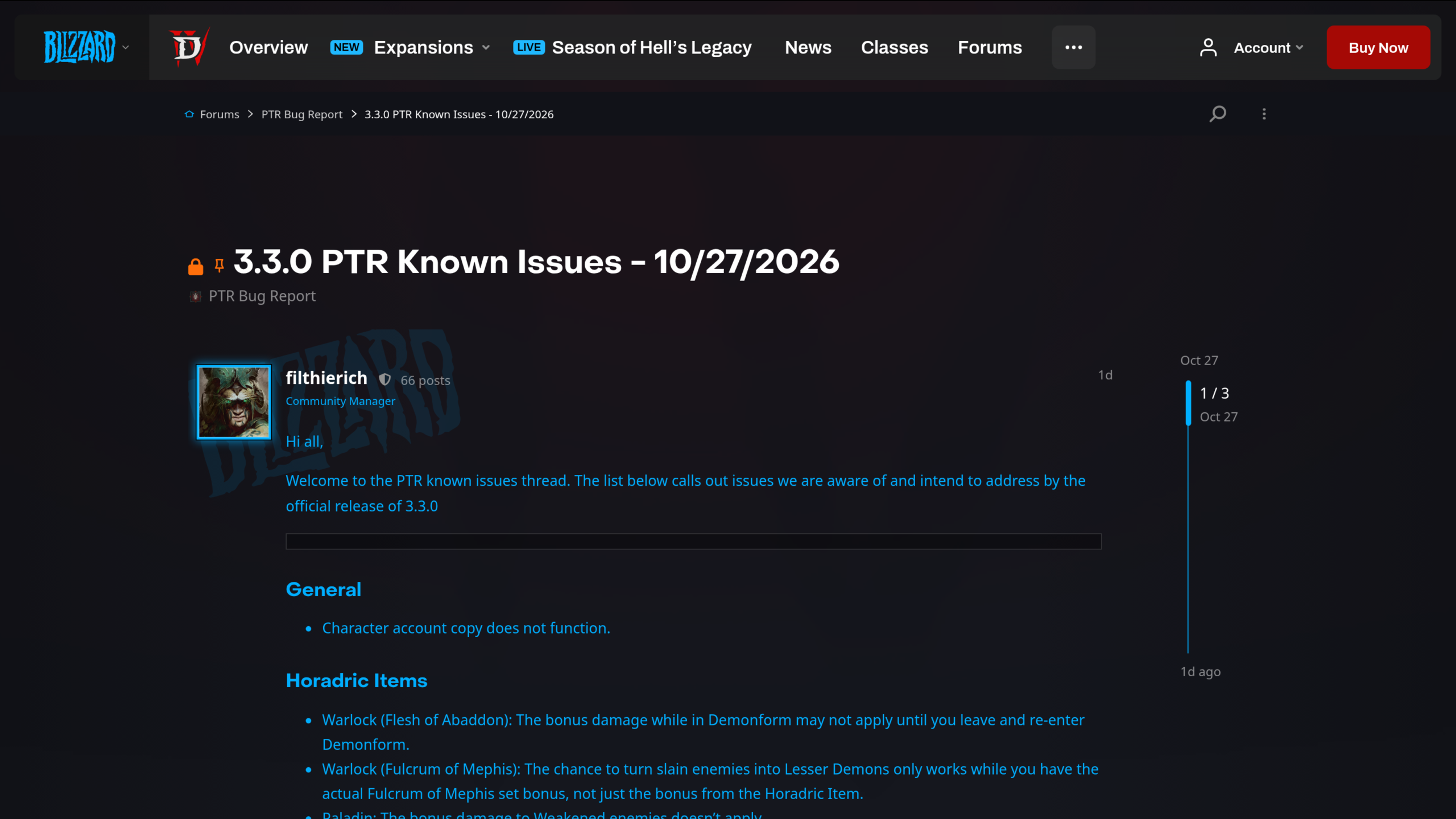 Fil du forum officiel Diablo 4 dans la catégorie PTR Bug Report : message épinglé du community manager filthierich et début de la liste des problèmes connus