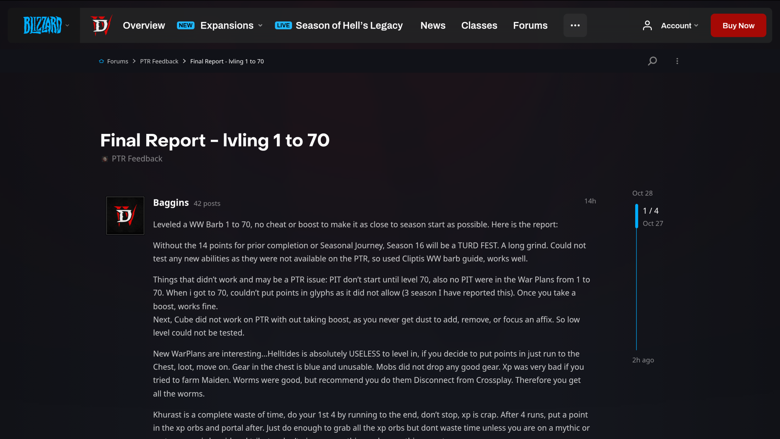 Fil du forum officiel Diablo 4, catégorie PTR Feedback : rapport du joueur Baggins sur la montée d'un Barbare de 1 à 70, premiers paragraphes