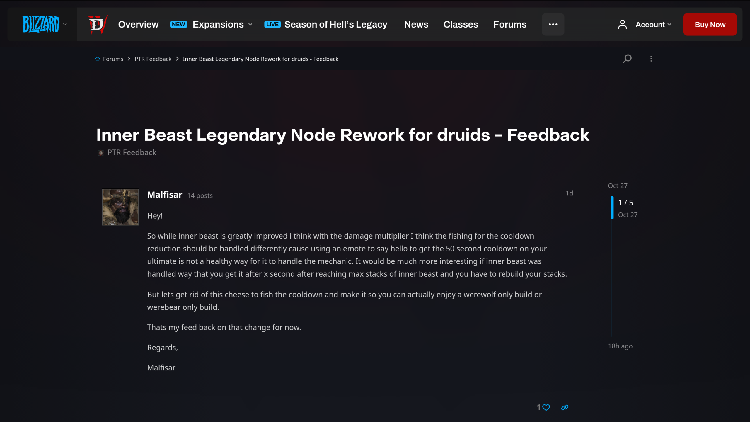 Fil du forum officiel Diablo 4, catégorie PTR Feedback : message du joueur Malfisar sur le rework du nœud légendaire Inner Beast du druide