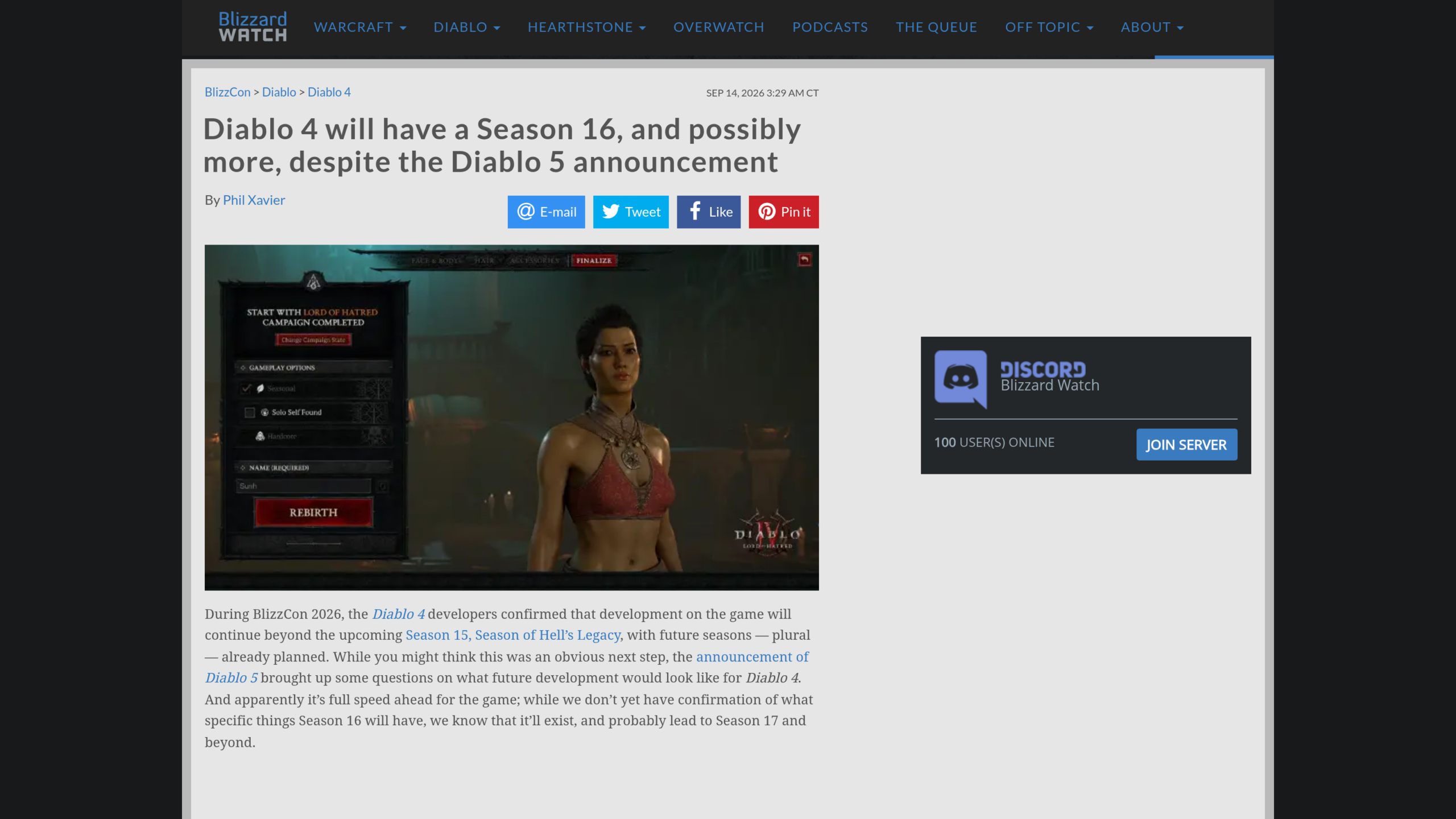 Article de Blizzard Watch du 14 septembre 2026 signé Phil Xavier, titré Diablo 4 will have a Season 16, avec une capture de l'écran de création de personnage de Lord of Hatred