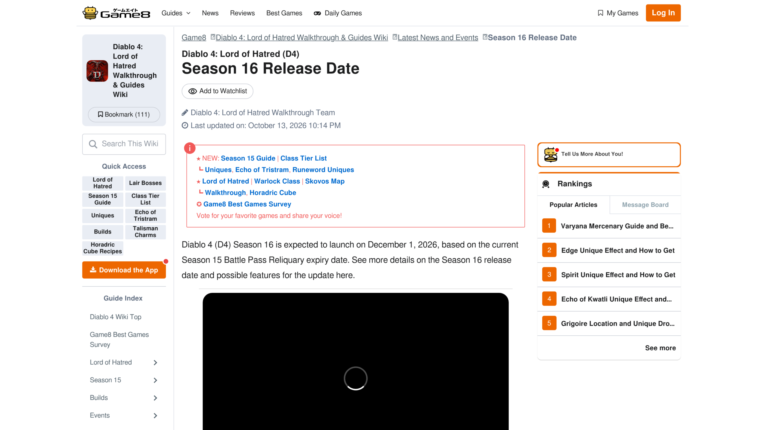 Page Game8 Season 16 Release Date, mise à jour le 13 octobre 2026, qui annonce un lancement attendu le 1er décembre 2026 d'après la date d'expiration du Reliquaire de la Saison 15