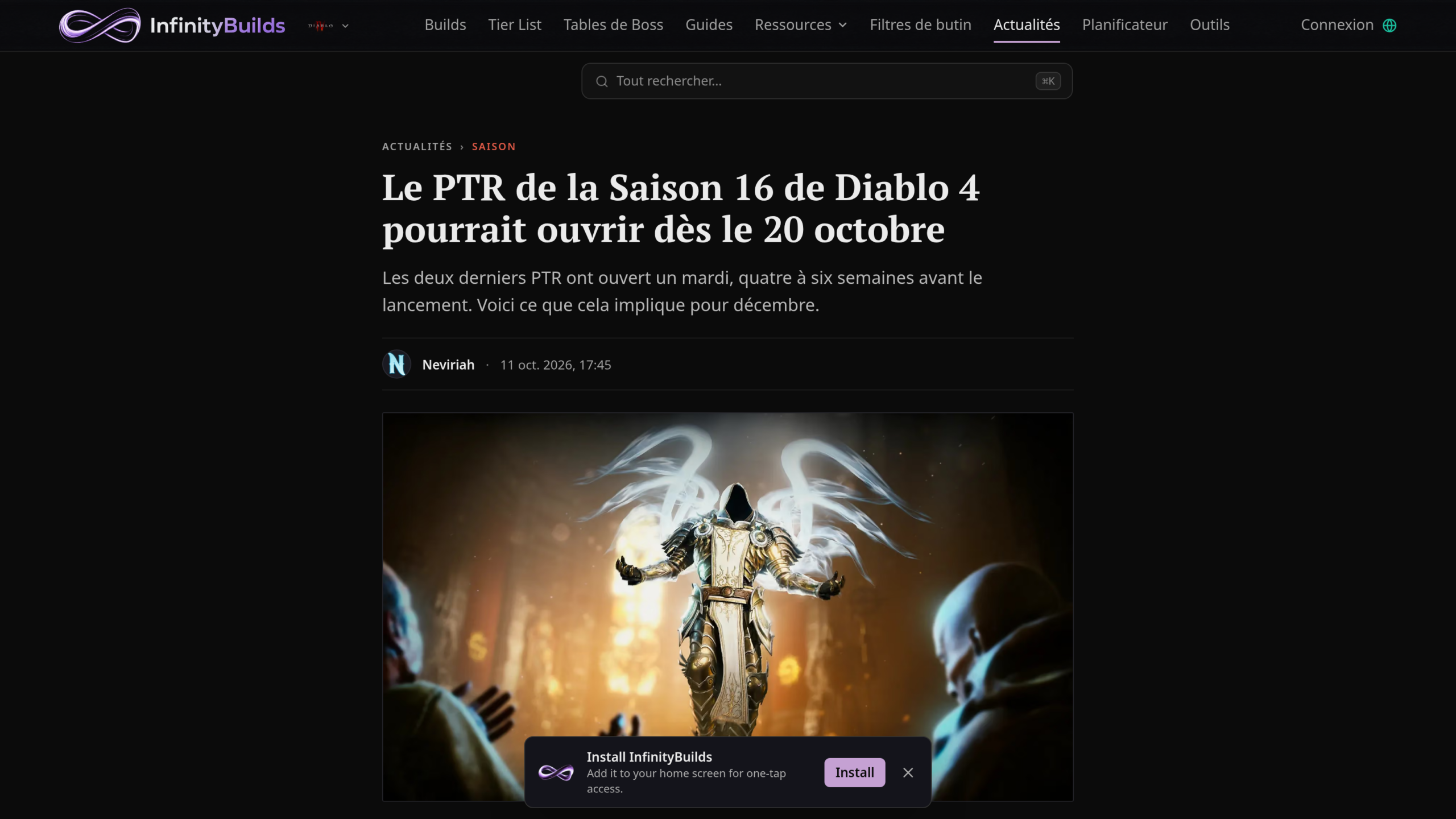 Article d'Infinity Builds titré Le PTR de la Saison 16 de Diablo 4 pourrait ouvrir dès le 20 octobre, signé Neviriah le 11 octobre 2026, avec une illustration d'un ange encapuchonné aux ailes de lumière