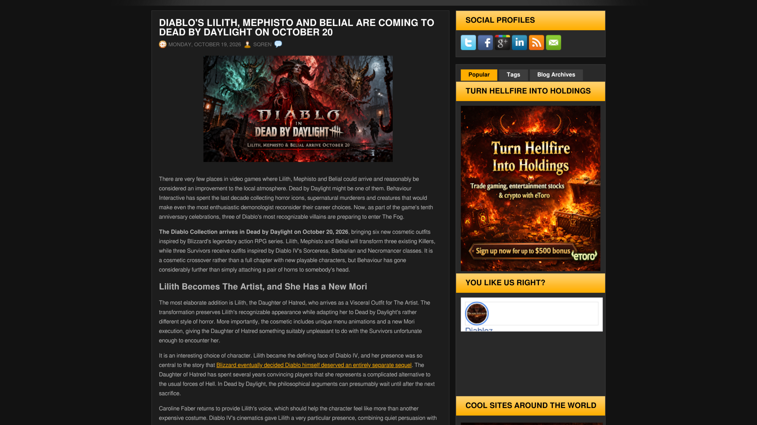 Visuel de l'article de Diabloz annonçant Lilith, Méphisto et Bélial dans Dead by Daylight pour le 20 octobre, avec le début du texte