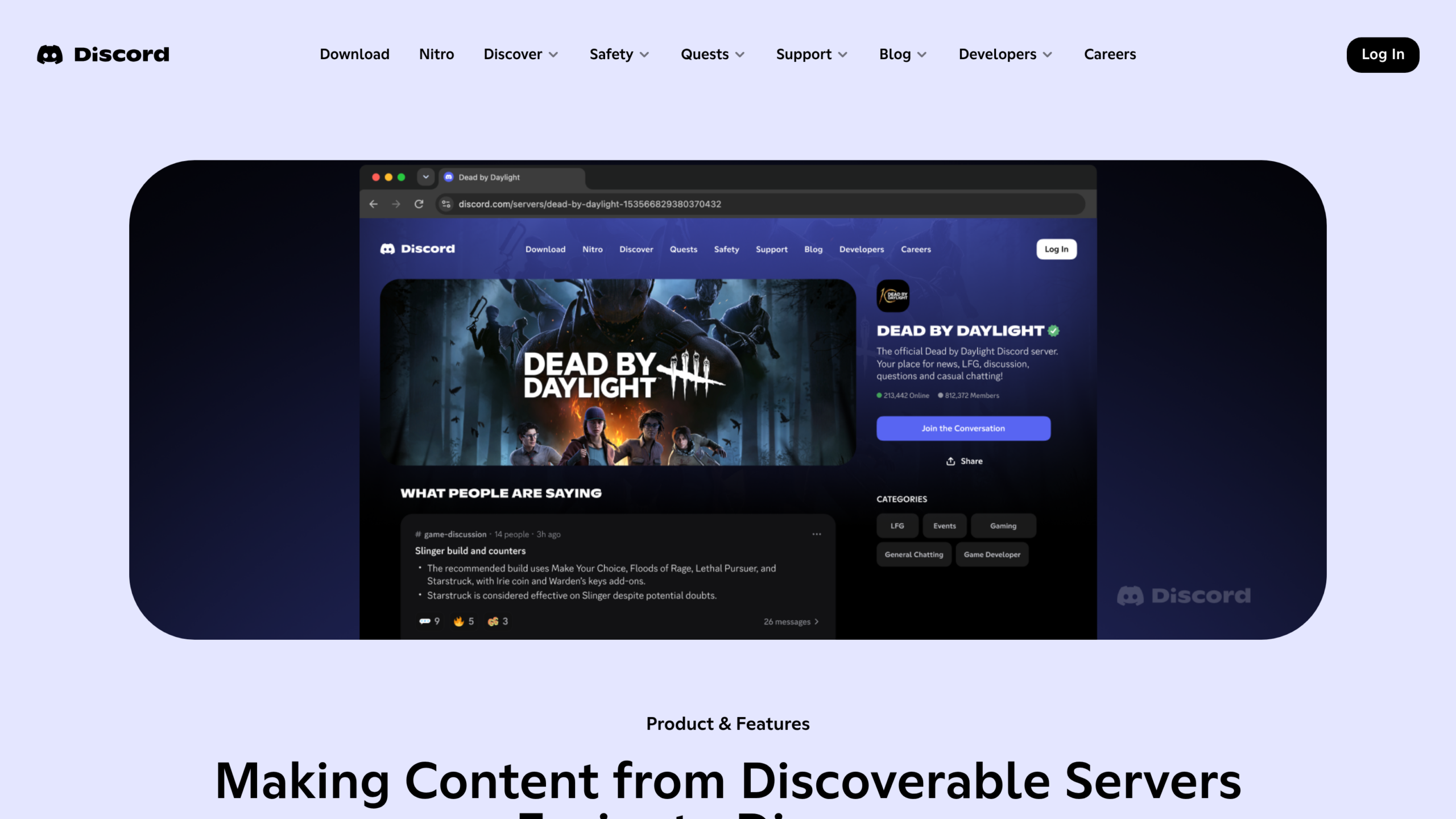 Billet du blog Discord montrant la page web d'un serveur Dead by Daylight, avec un résumé de salon intitulé « What people are saying »