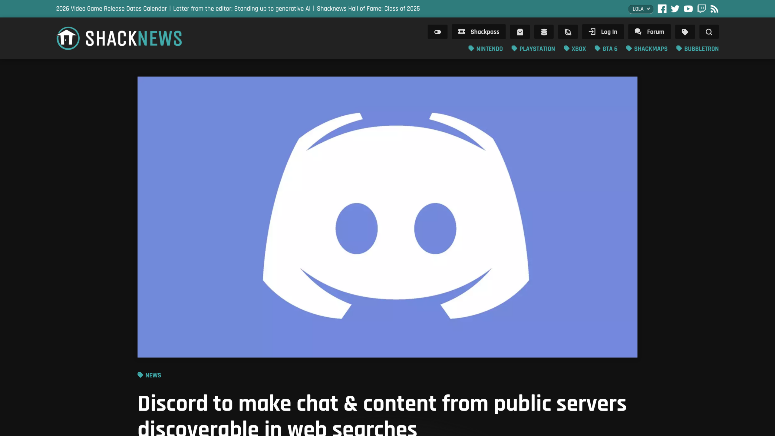 Une du site Shacknews avec le logo Discord et le titre sur le contenu des serveurs publics trouvable dans les recherches web